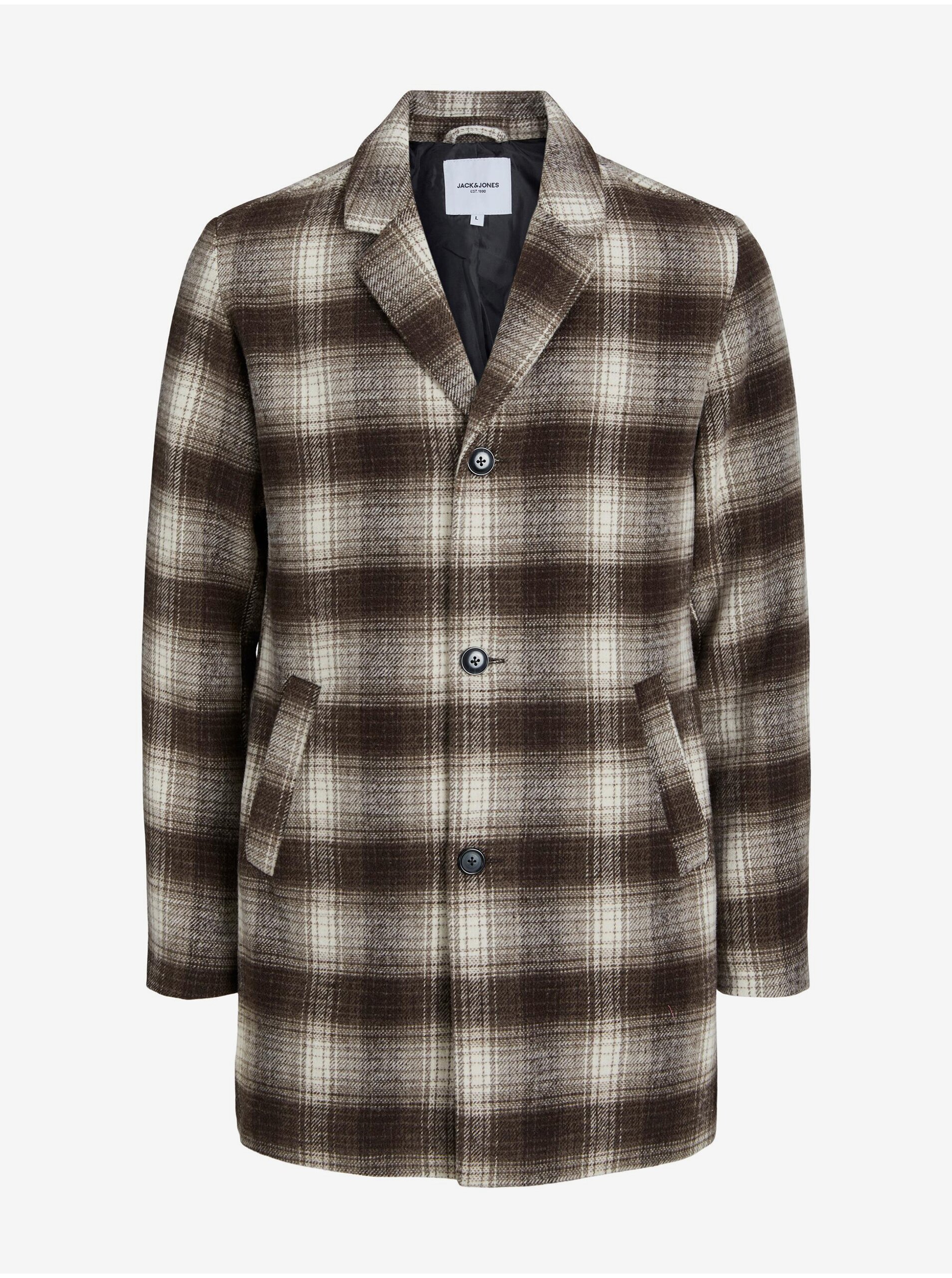 E-shop Hnedý pánsky kockovaný kabát s prímesou vlny Jack & Jones Zac