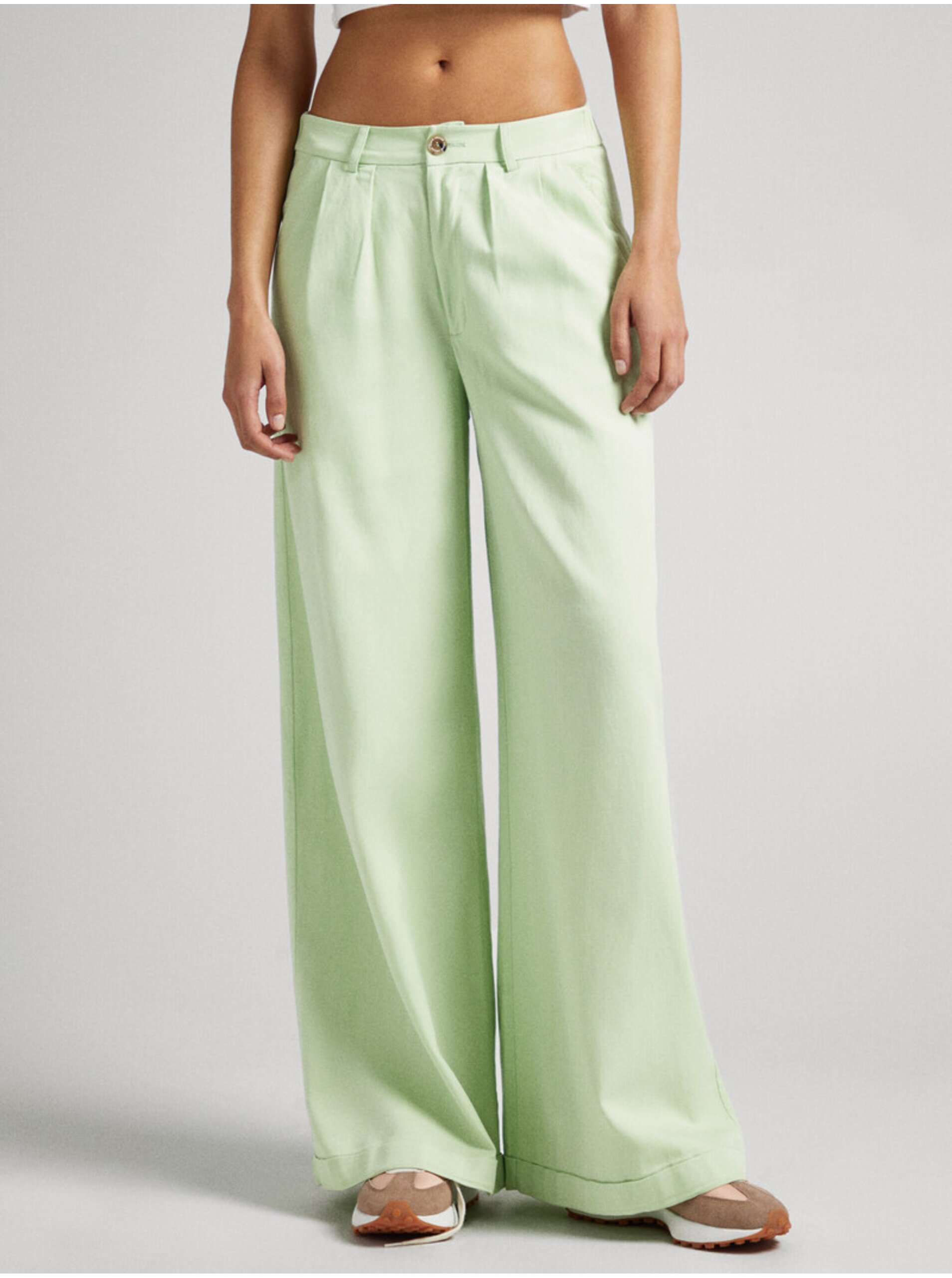 Lacno Svetlo zelené dámske široké nohavice s prímesou ľanu Pepe Jeans Monna