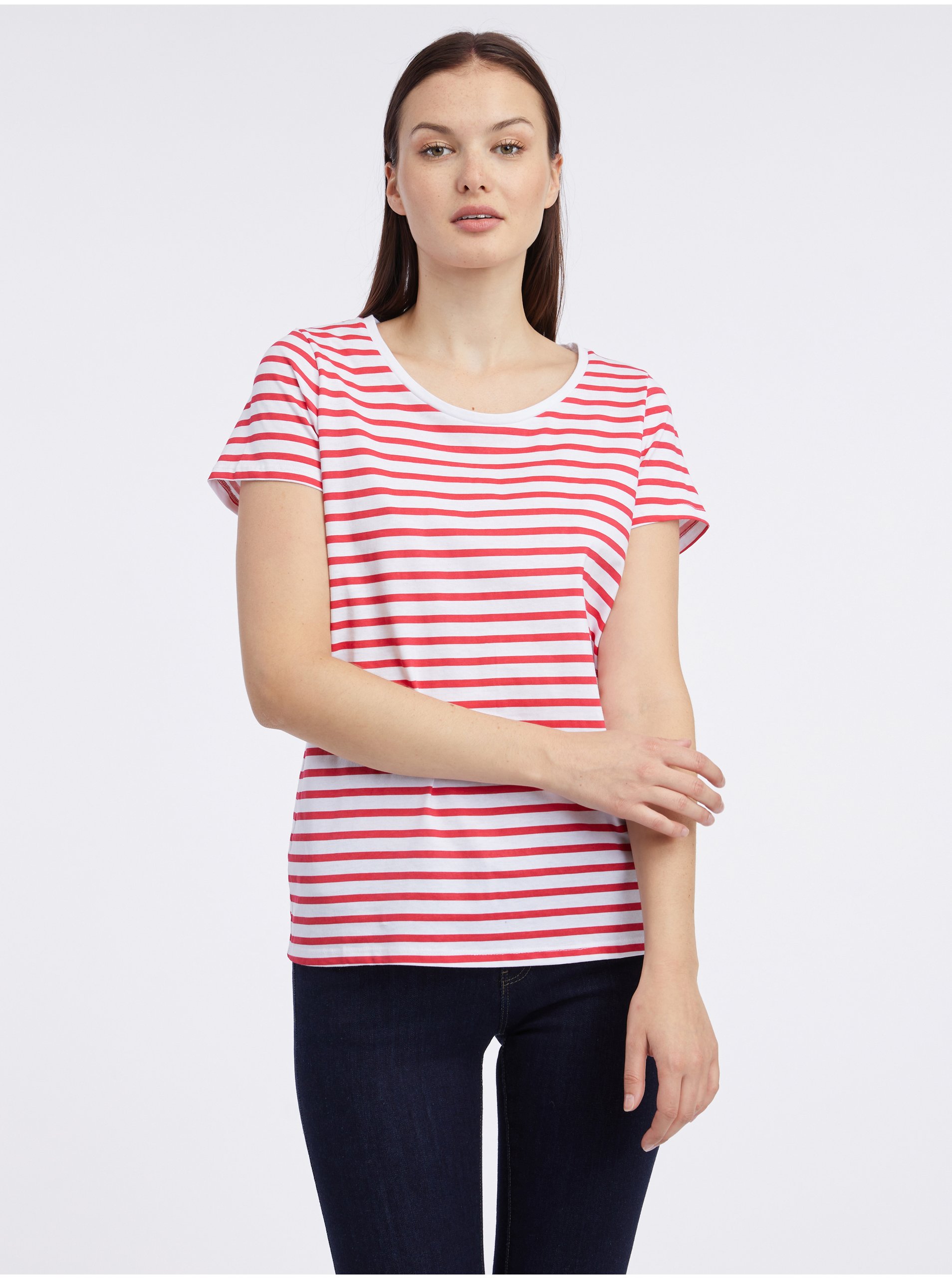 E-shop Bielo-červené dámske pruhované tričko ORSAY