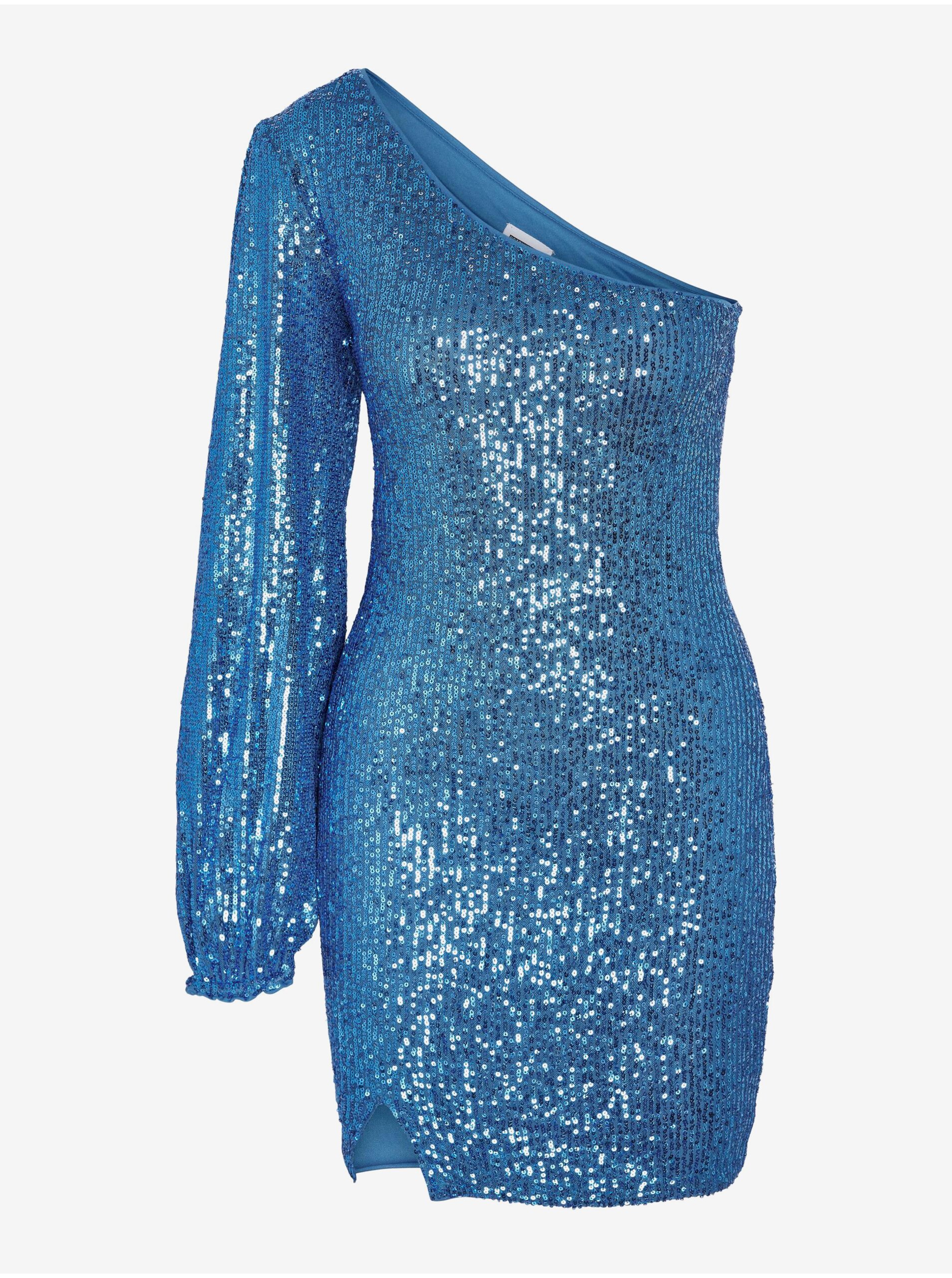 Levně Modré dámské pouzdrové šaty s flitry Noisy May Scarlett