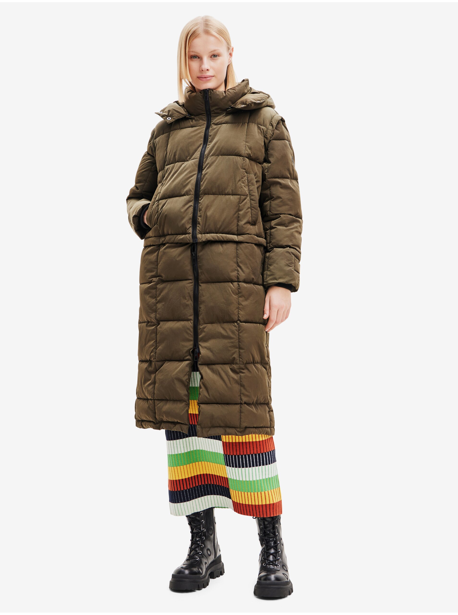 Levně Khaki dámský zimní prošívaný kabát/vesta Desigual Tetris