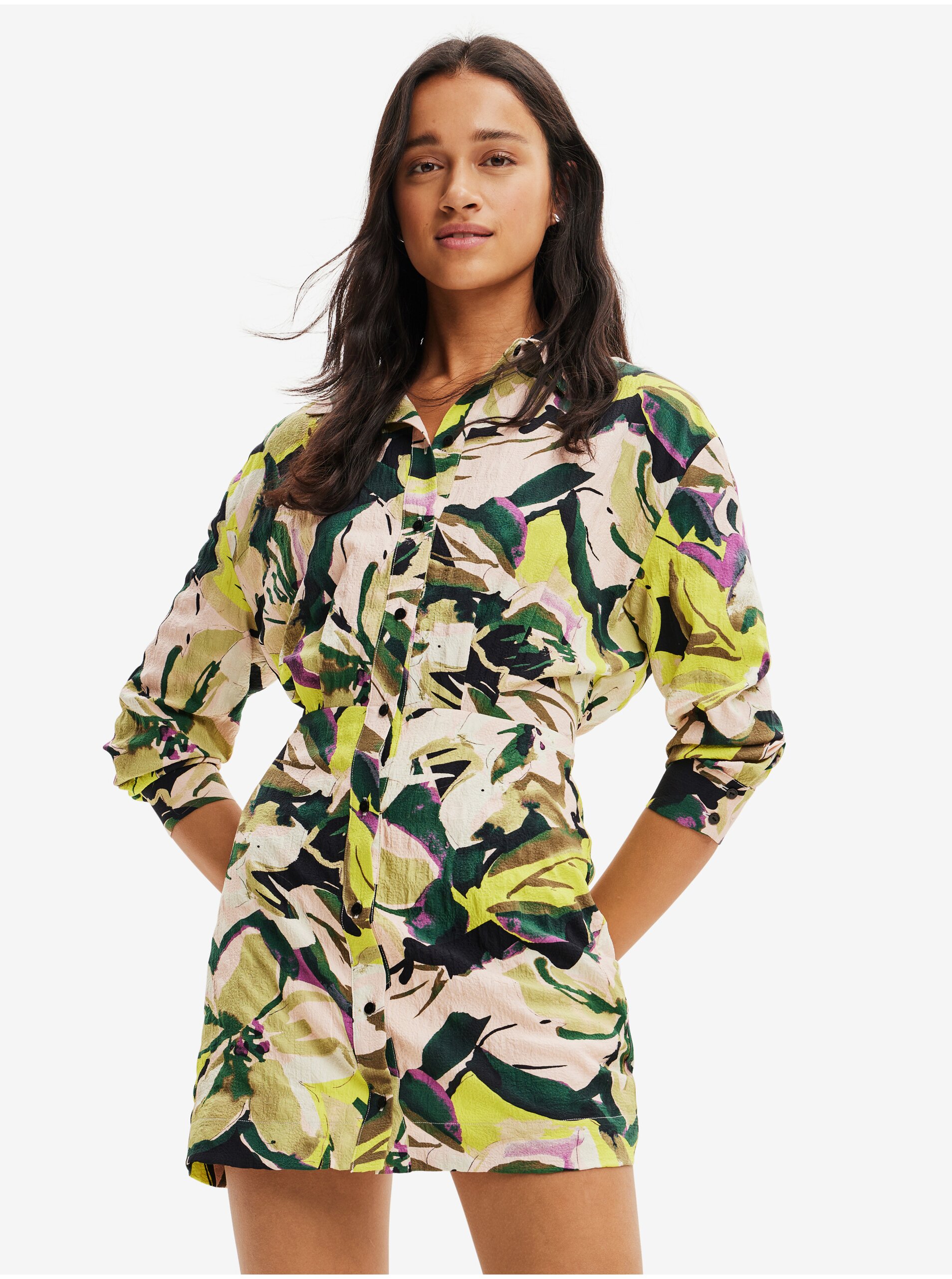 E-shop Zeleno-béžové dámské vzorované šaty Desigual Kea