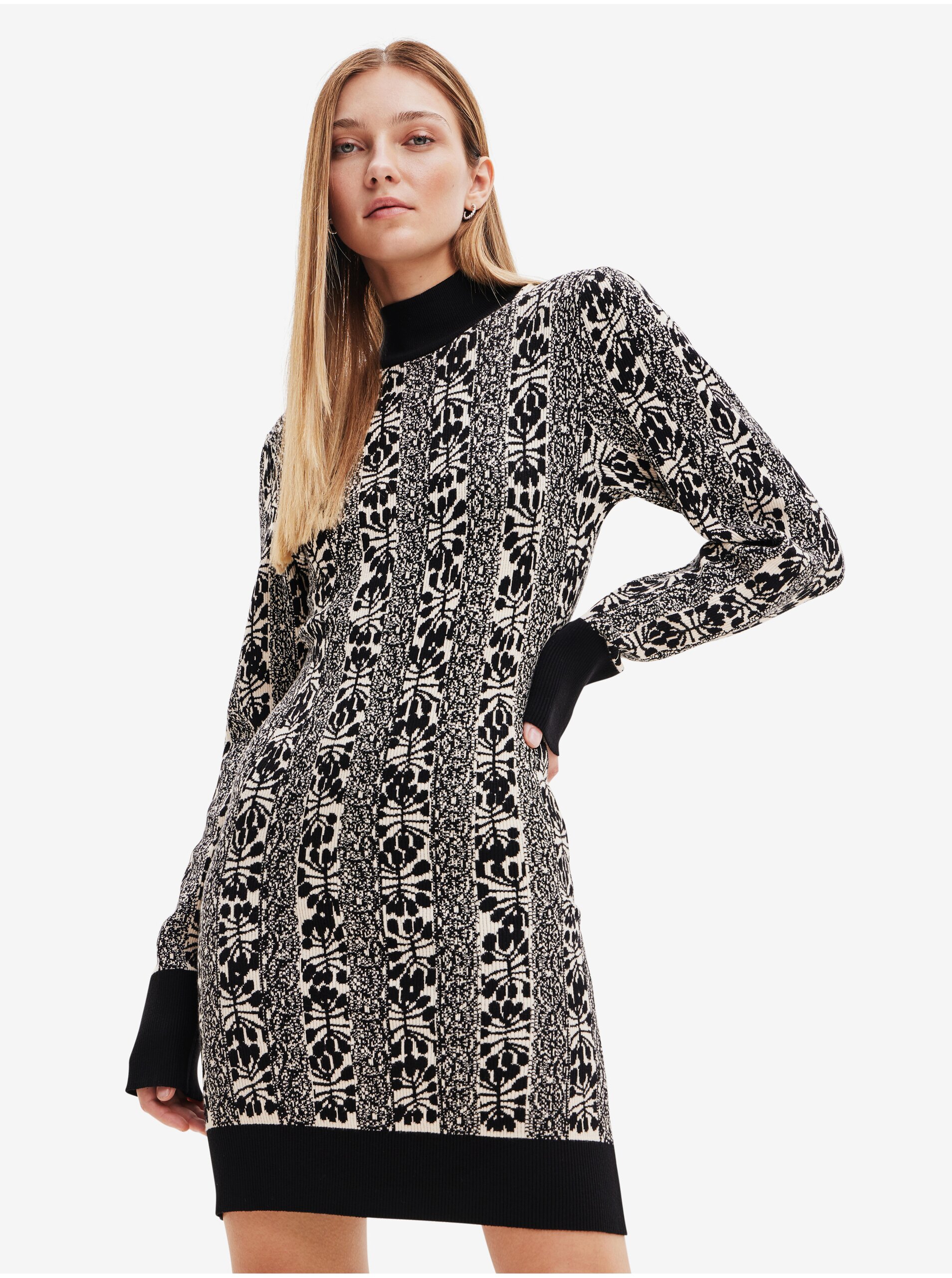E-shop Béžovo-čierne dámske vzorované svetrové šaty Desigual Francesca - Lacroix