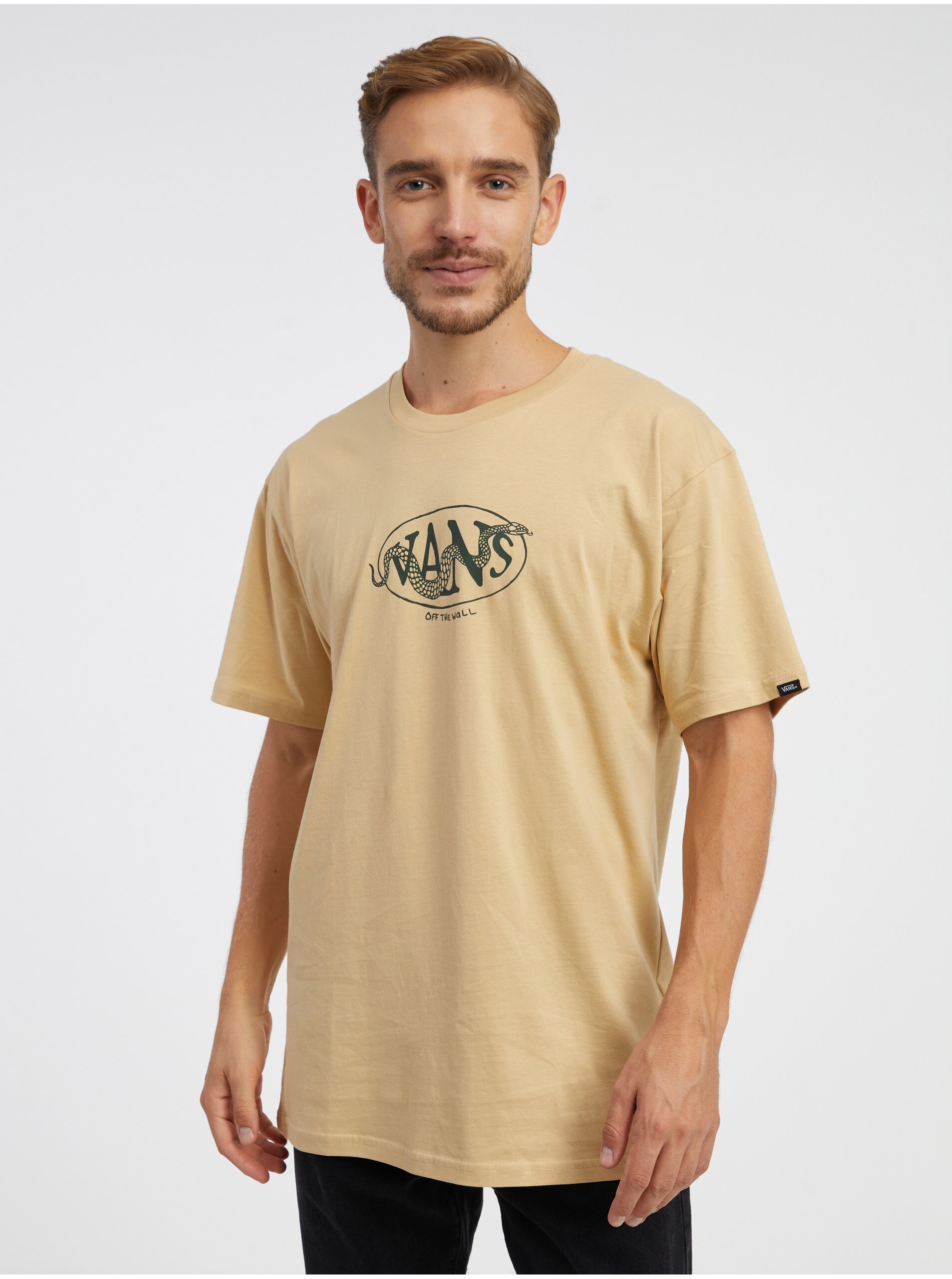 Lacno Béžové pánske tričko VANS Snaked Center Logo