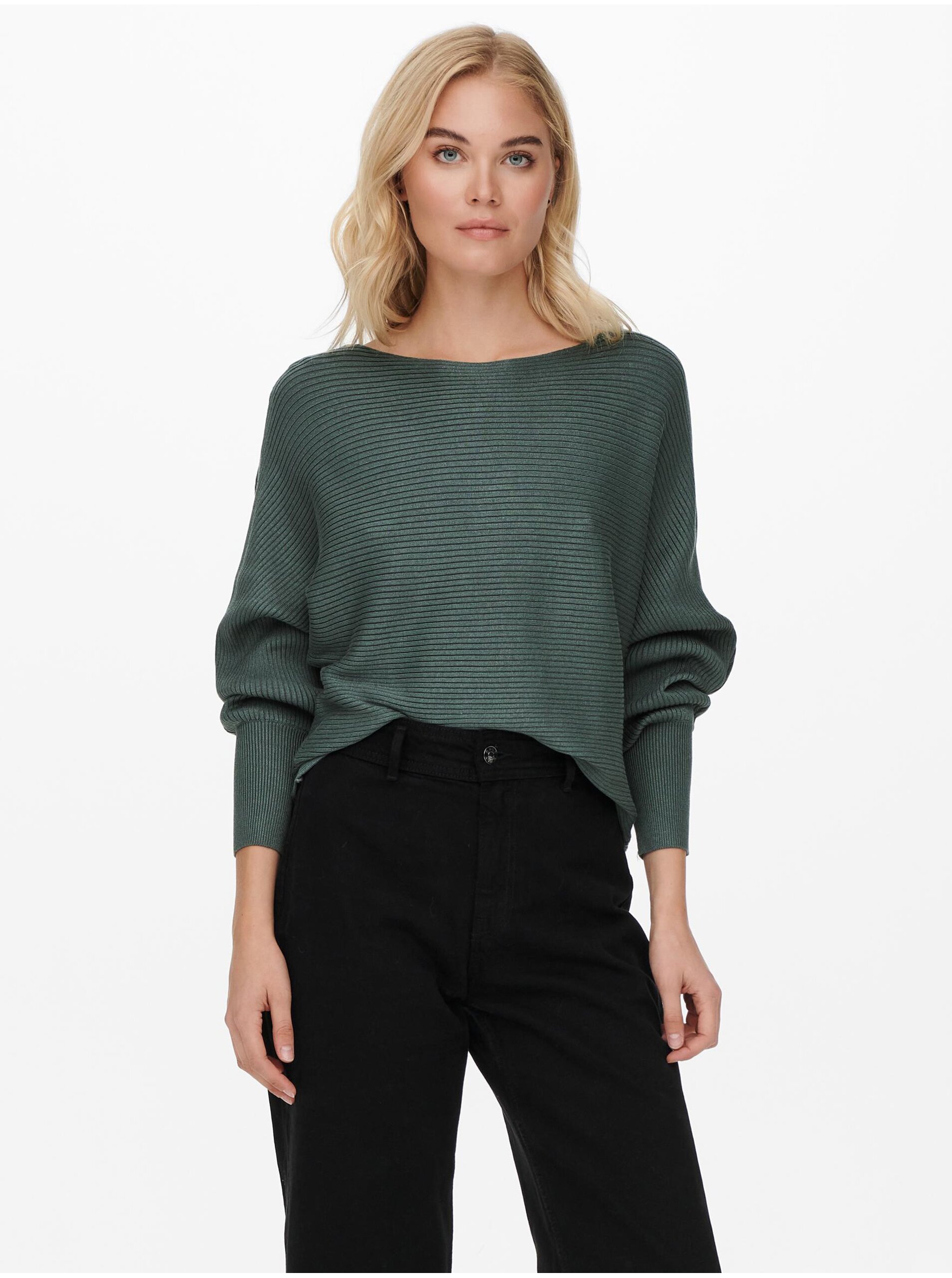 E-shop Tmavě zelený dámský žebrovaný svetr ONLY Adaline