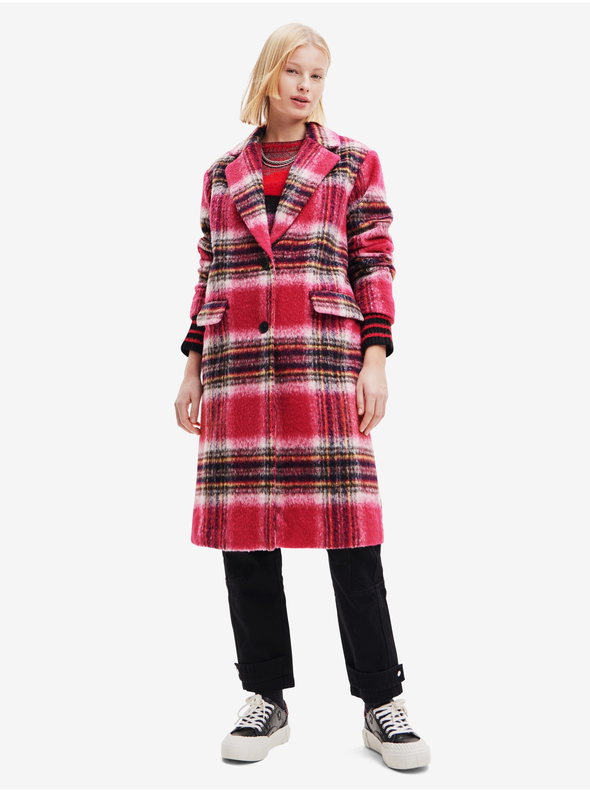 E-shop Růžový dámský kostkovaný kabát s příměsí vlny Desigual Tommy