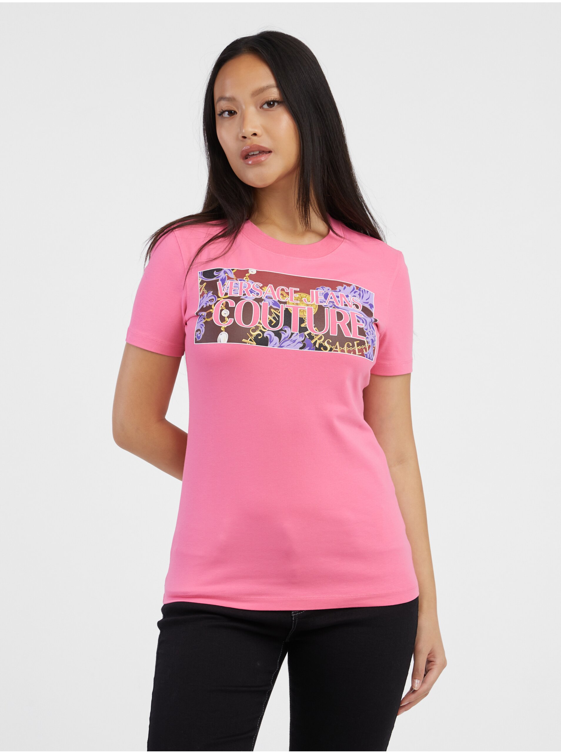 Levně Růžové dámské tričko Versace Jeans Couture