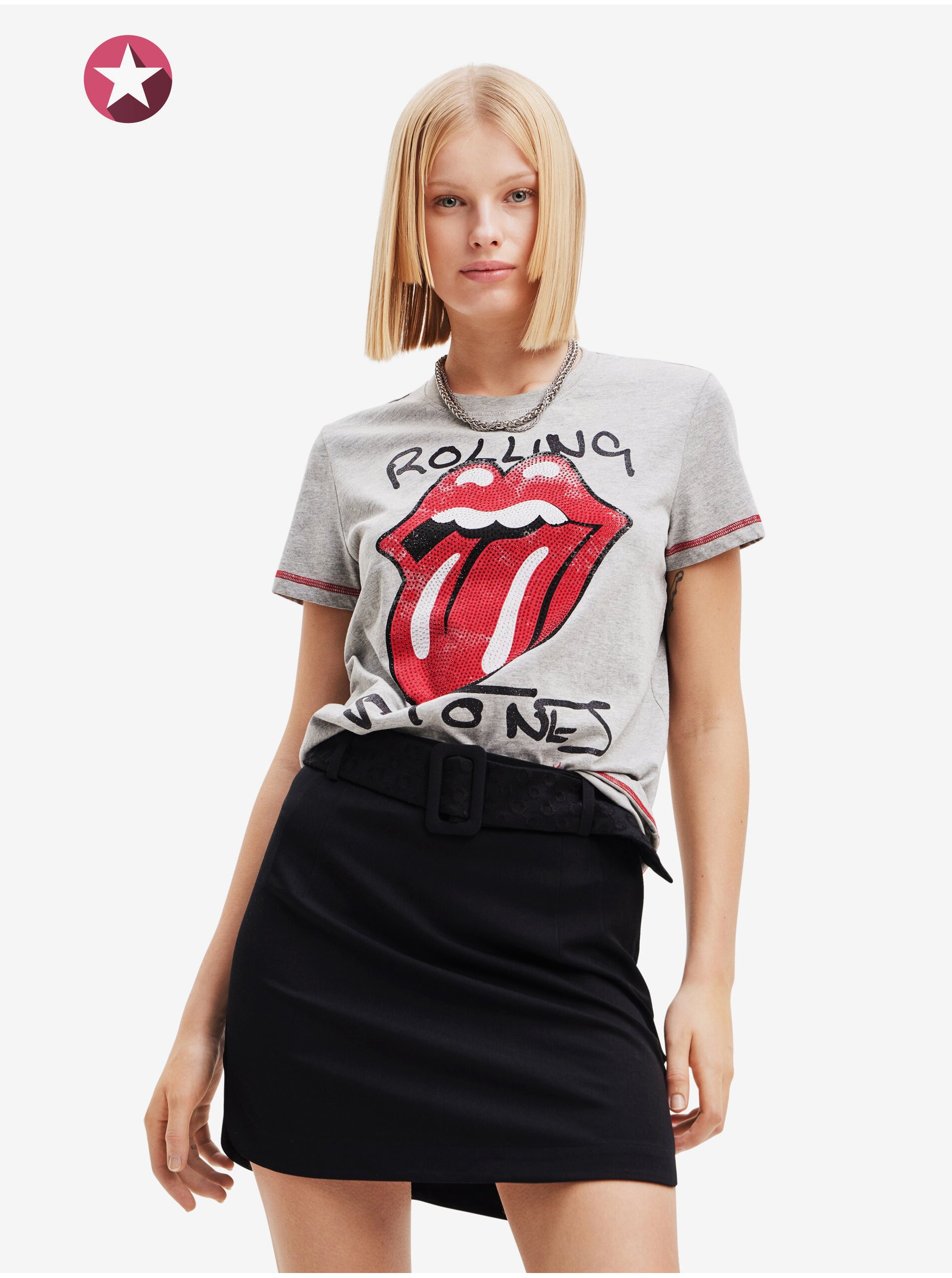 E-shop Šedé dámské tričko s potiskem Desigual Rolling