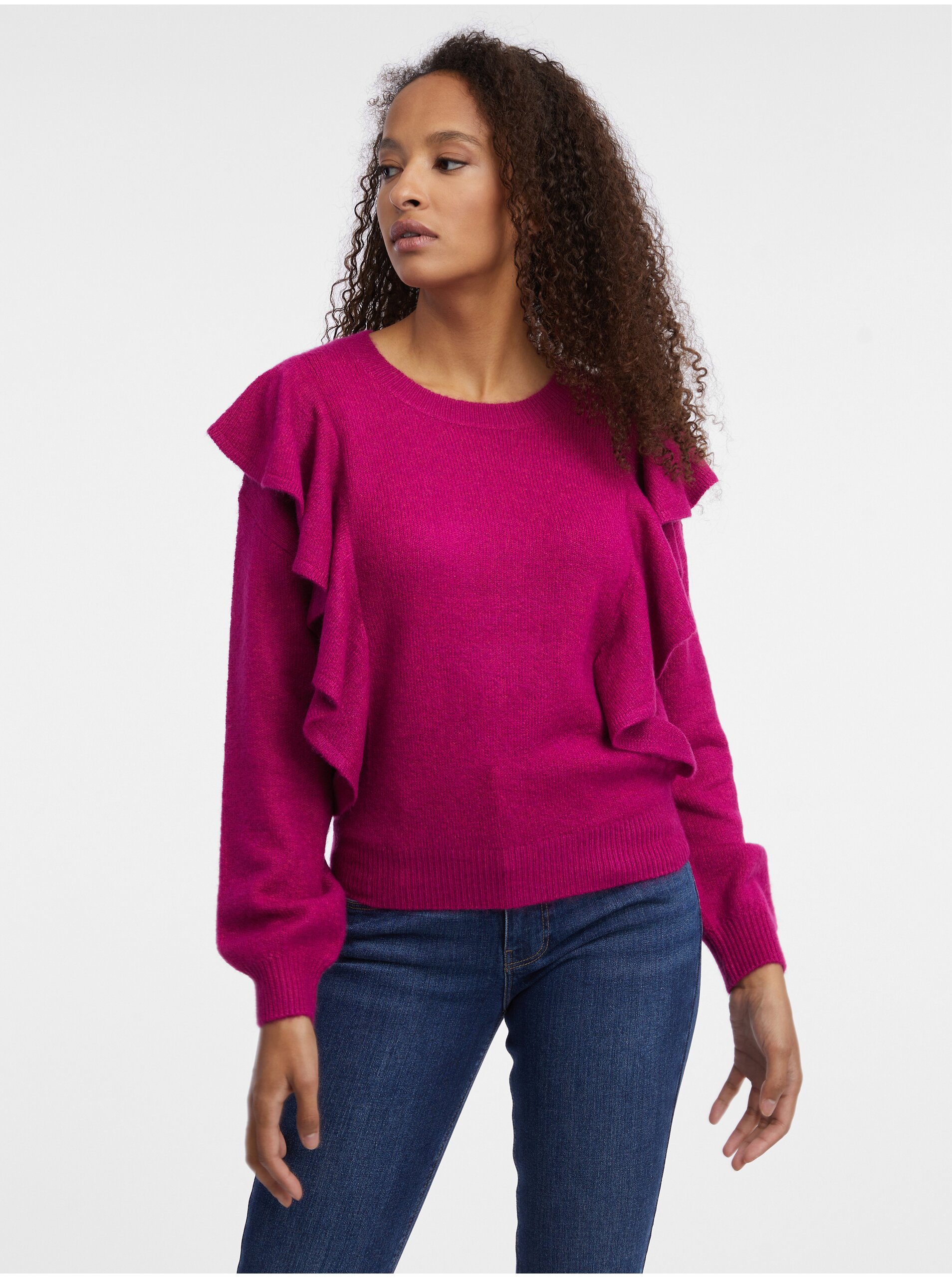 E-shop Tmavě růžový dámský svetr s volány ORSAY