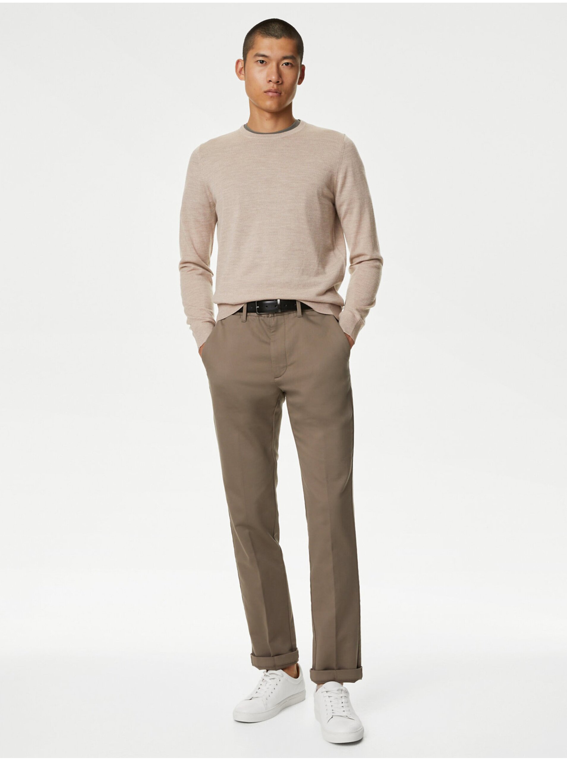 Lacno Béžový pánsky basic sveter z merino vlny Marks & Spencer