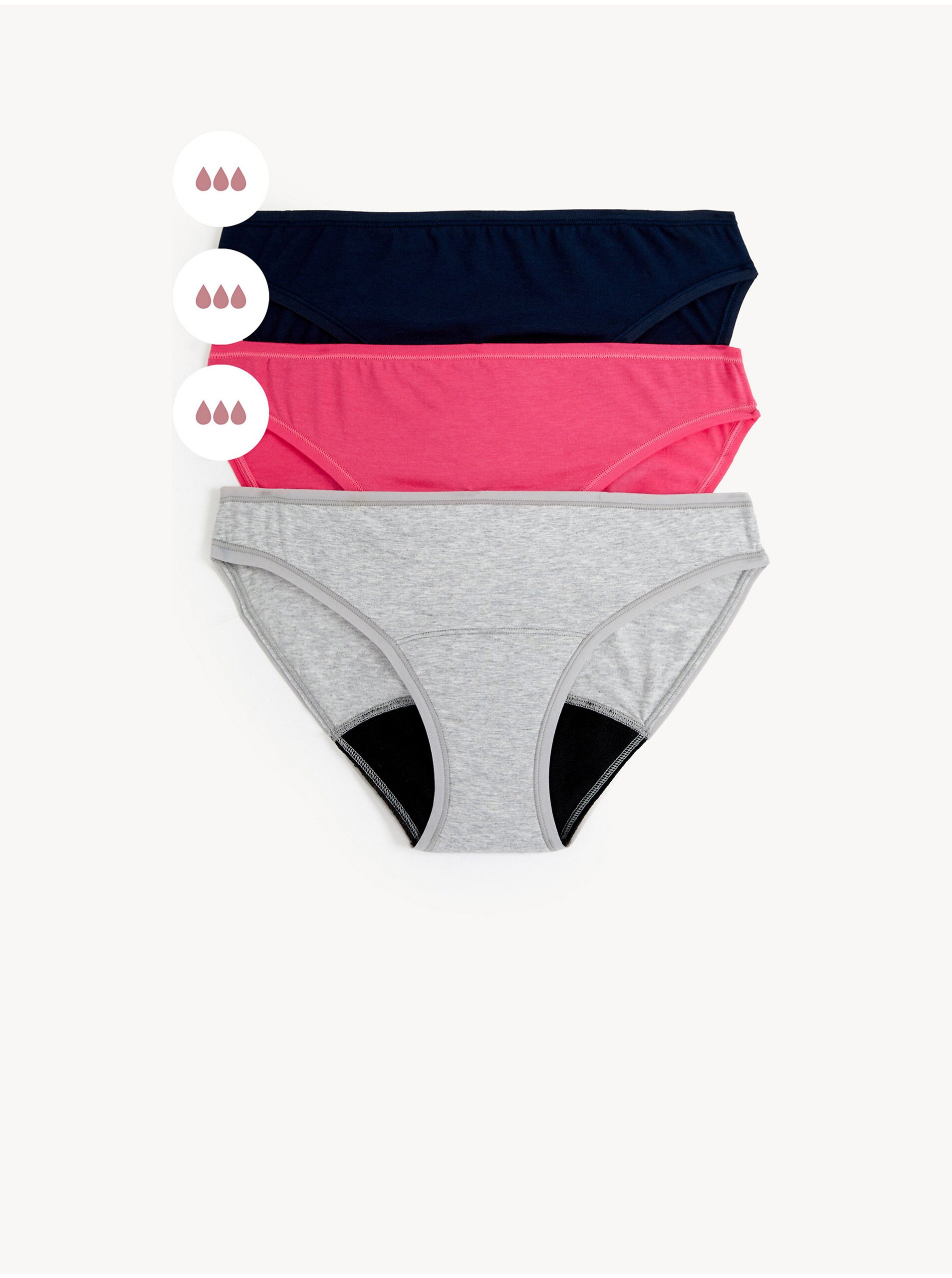 Levně Sada tří dámských menstruačních kalhotek s vysokou savostí v šedé, růžové a černé barvě Marks & Spencer