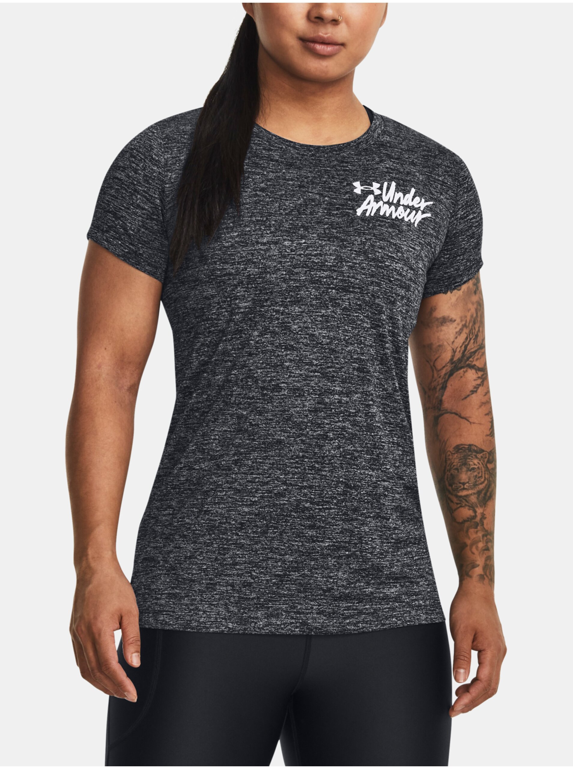 E-shop Šedo-černé dámské žíhané sportovní tričko Under Armour Tech Twist Graphic SS