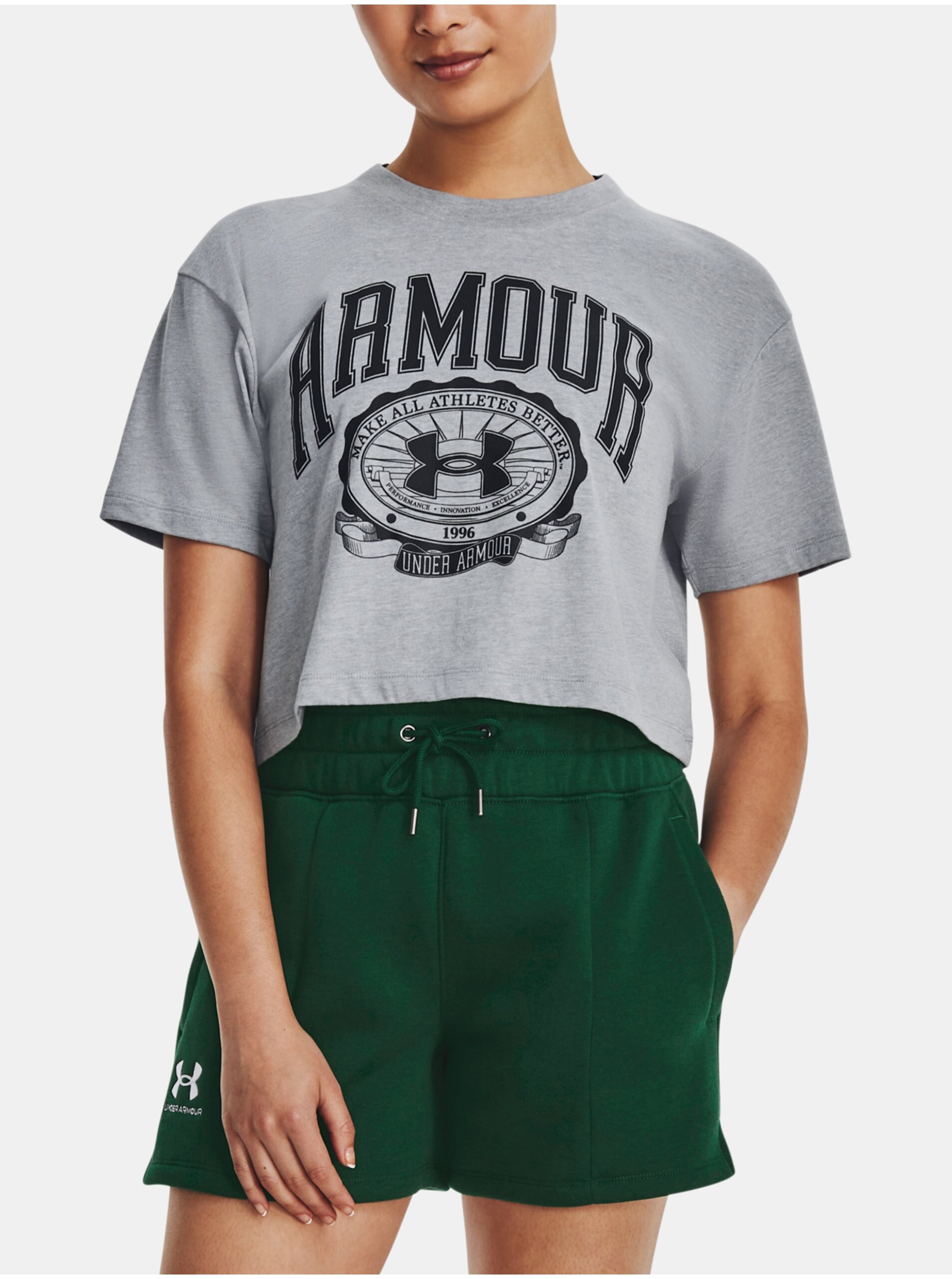 Lacno Šedé dámske športové tričko Under Armour UA COLLEGIATE CREST CROP SS