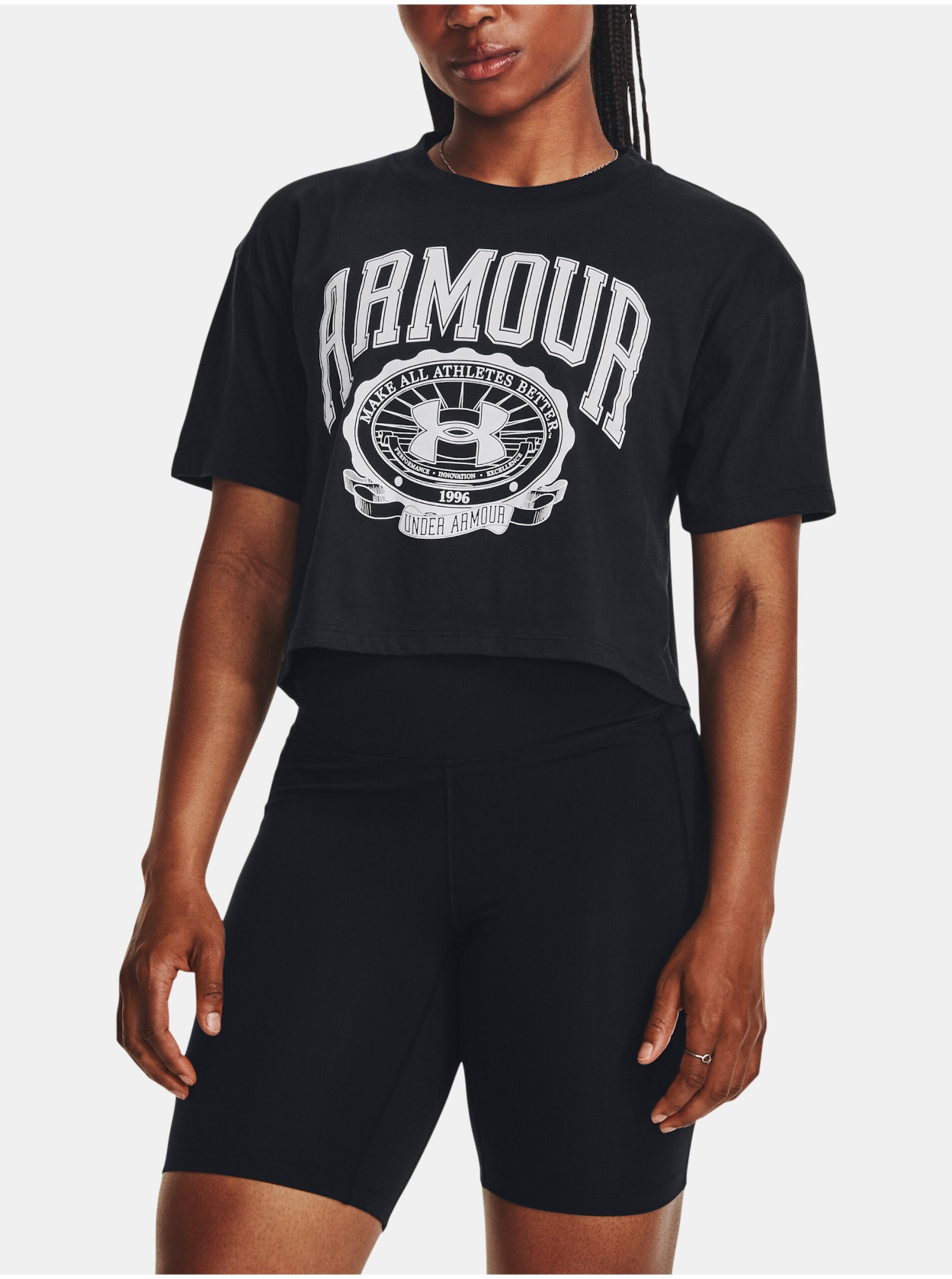 Lacno Čierne dámske športové crop top tričko Under Armour Collegiate