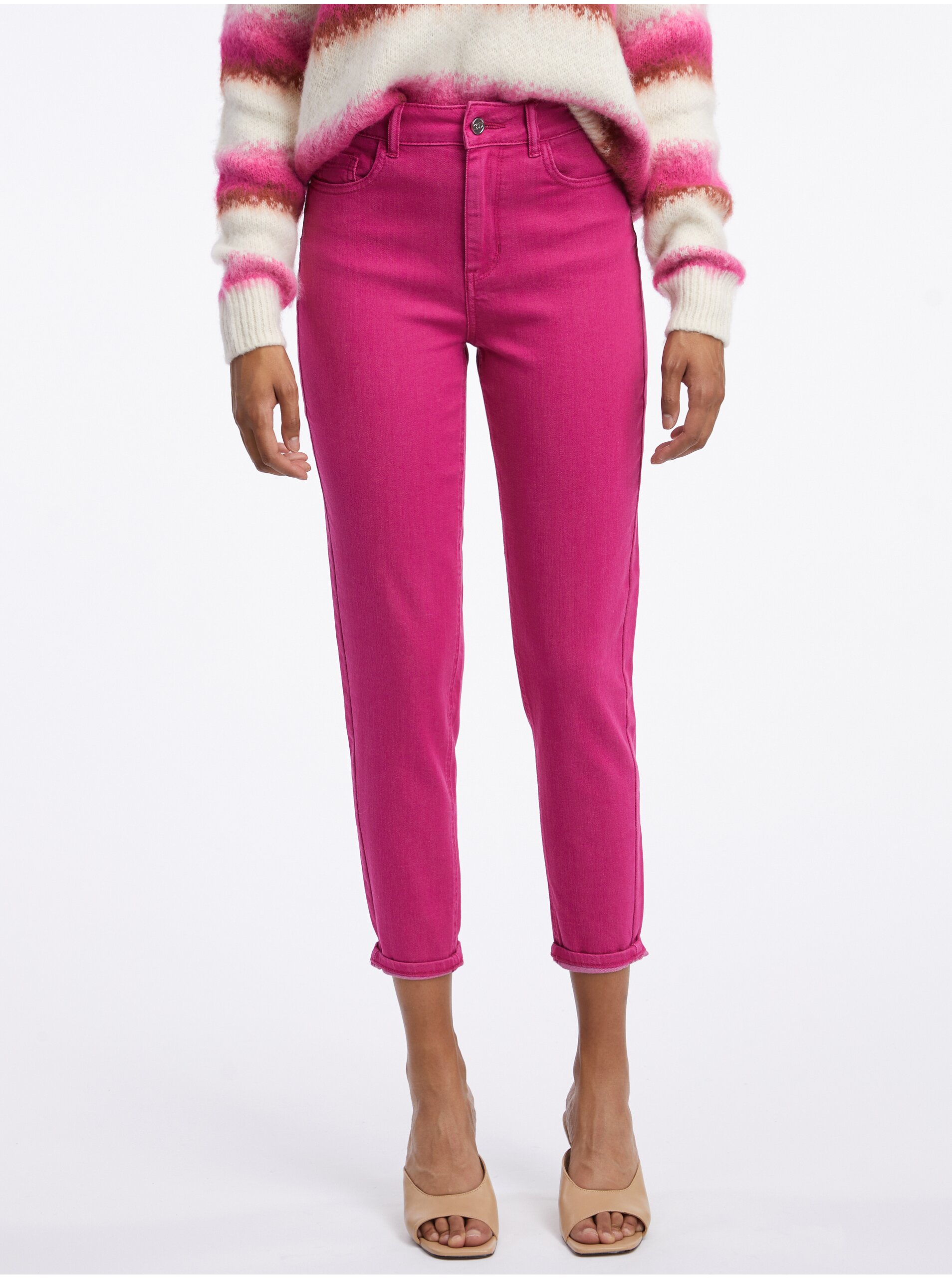 E-shop Tmavo ružové dámske skrátené slim fit džínsy ORSAY