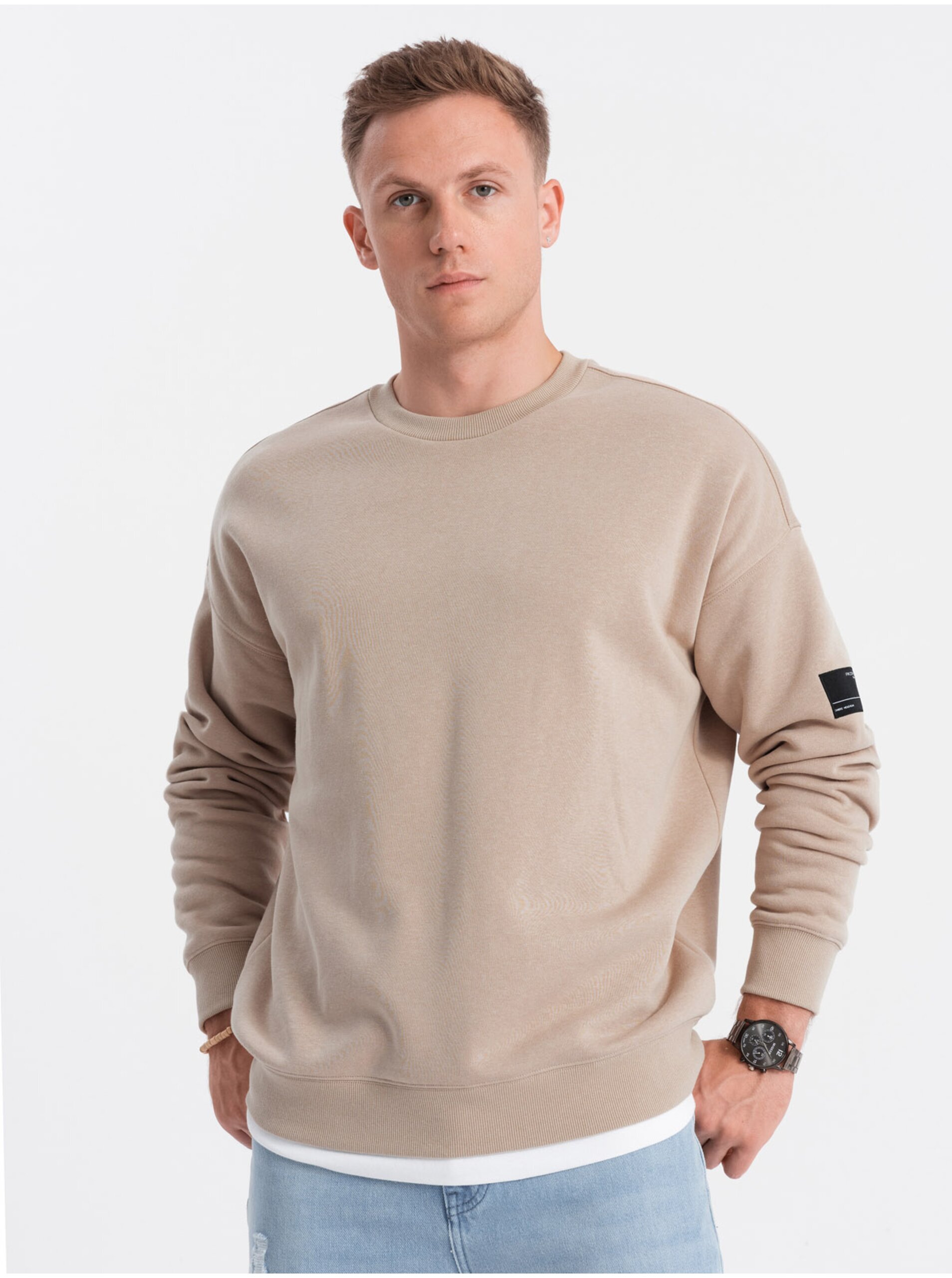 Levně Béžová pánská mikina Ombre Clothing