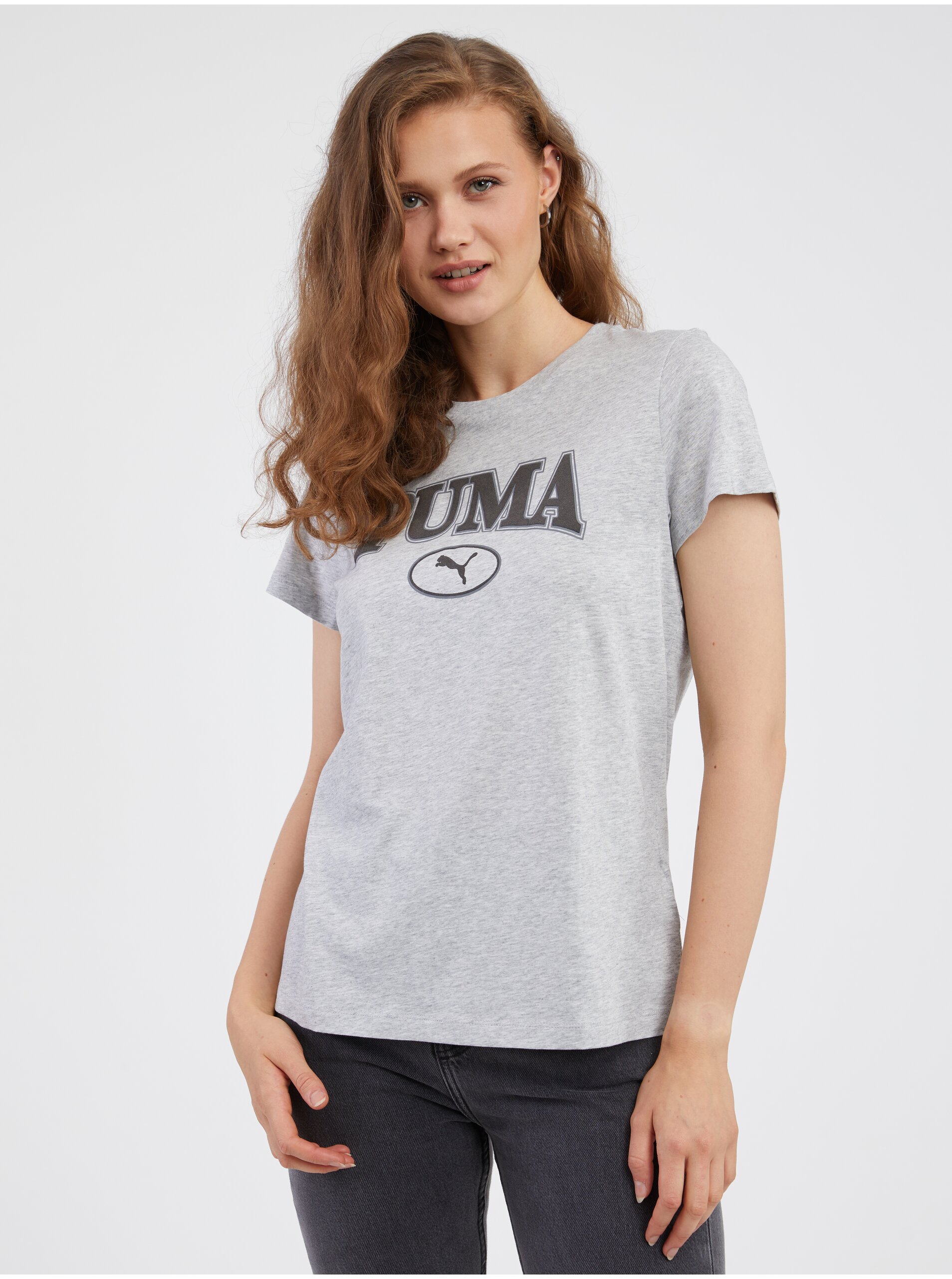 Levně Světle šedé dámské žíhané tričko Puma Squad