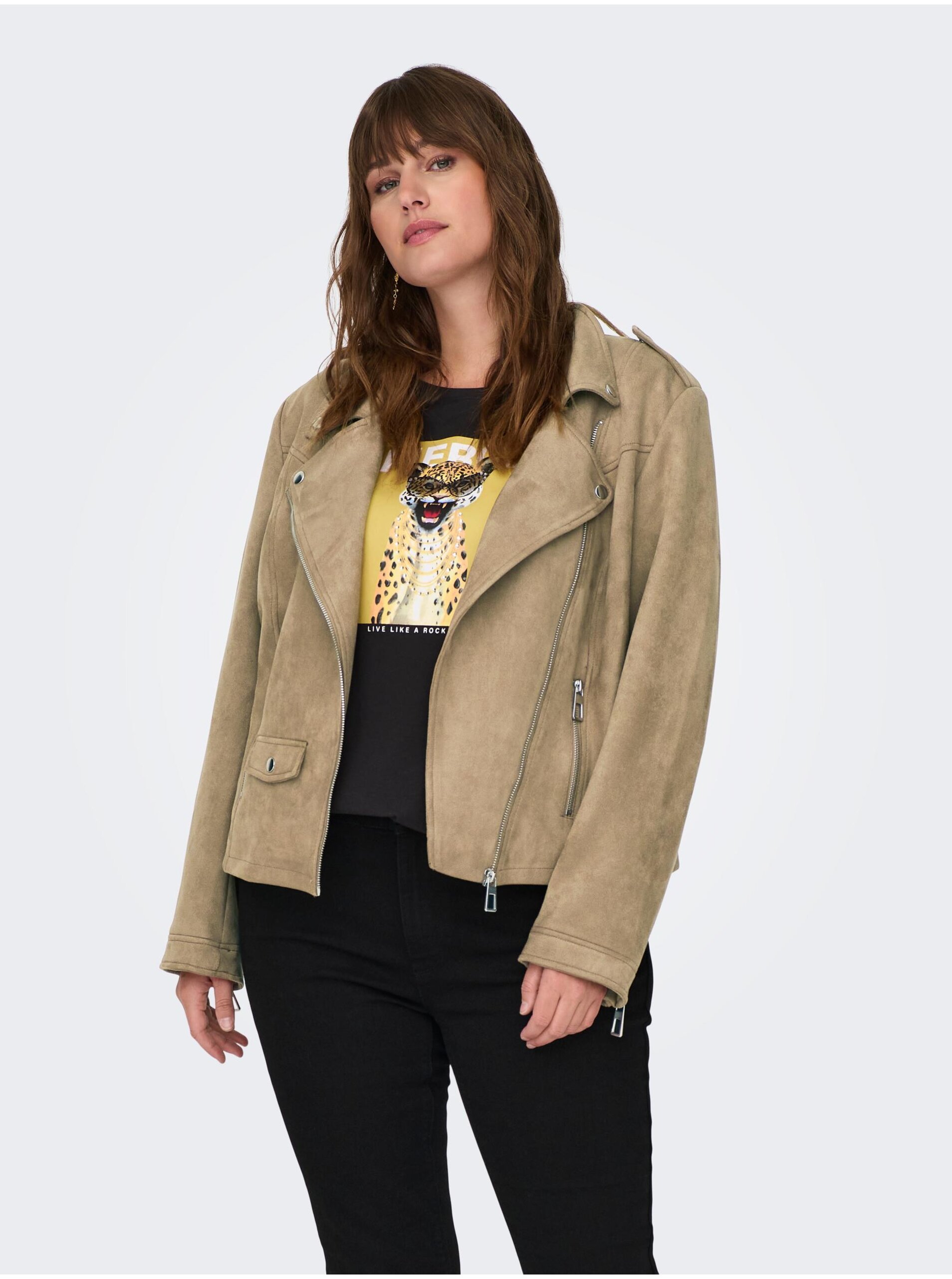 E-shop Svetlo hnedá dámska bunda v semišovej úprave ONLY CARMAKOMA Scootie