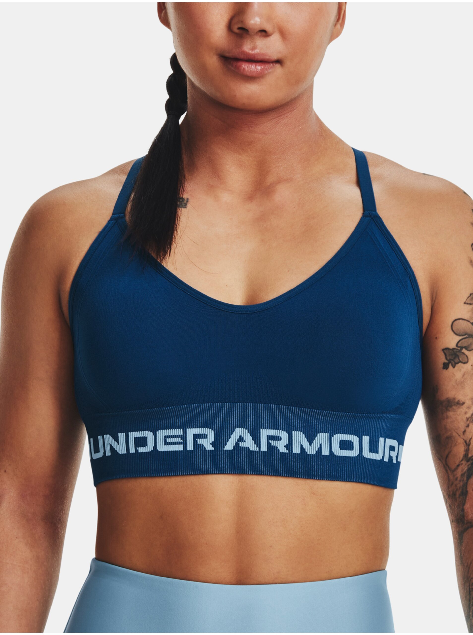 E-shop Tmavě modrá sportovní podprsenka Under Armour UA Seamless Low Long Bra
