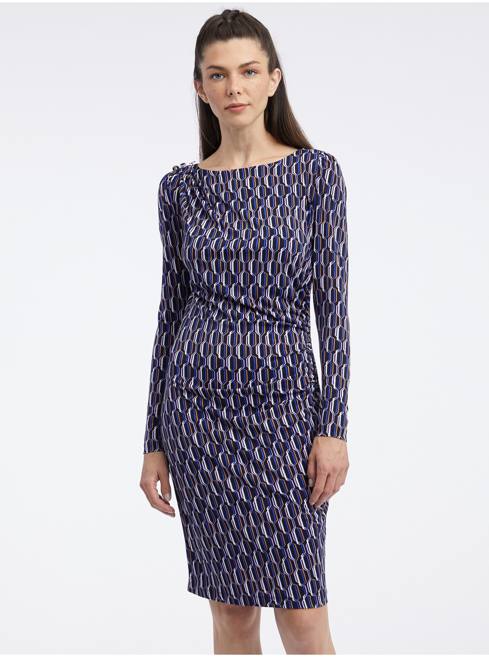 E-shop Tmavě modré dámské vzorované pouzdrové šaty ORSAY
