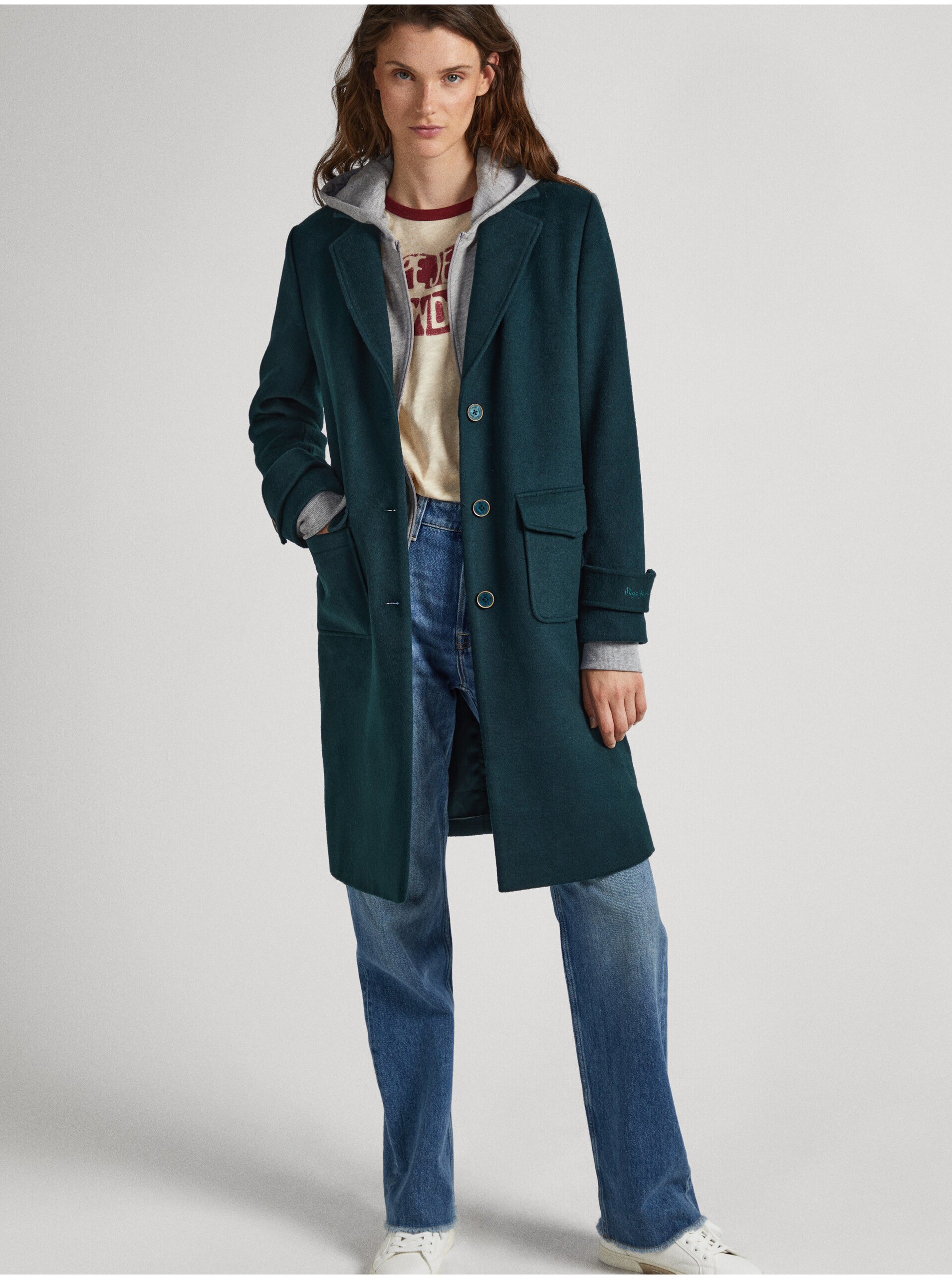 E-shop Petrolejový dámský vlněný kabát Pepe Jeans Nica