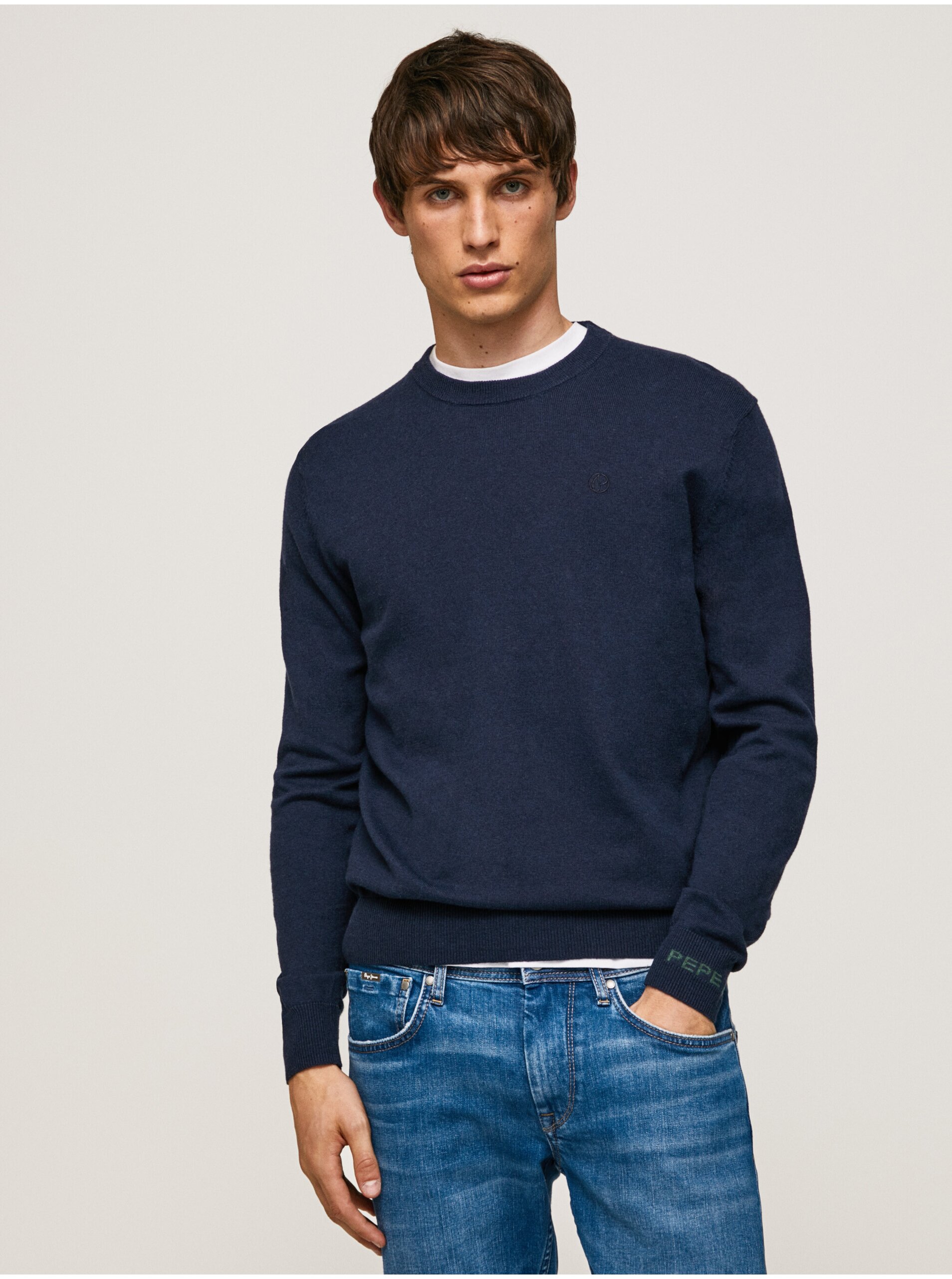 E-shop Modrý pánský svetr s příměsí vlny Pepe Jeans Andre Crew Neck