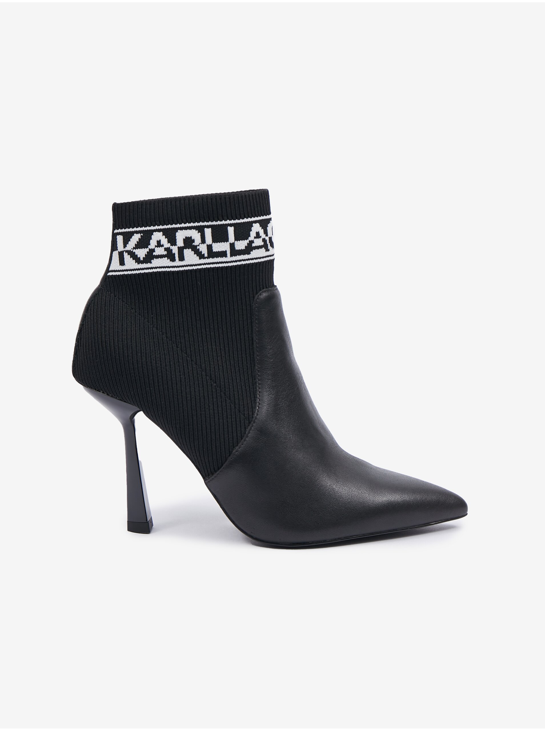 Levně Černé dámské kotníkové boty na podpatku s koženými detaily KARL LAGERFELD Pandara