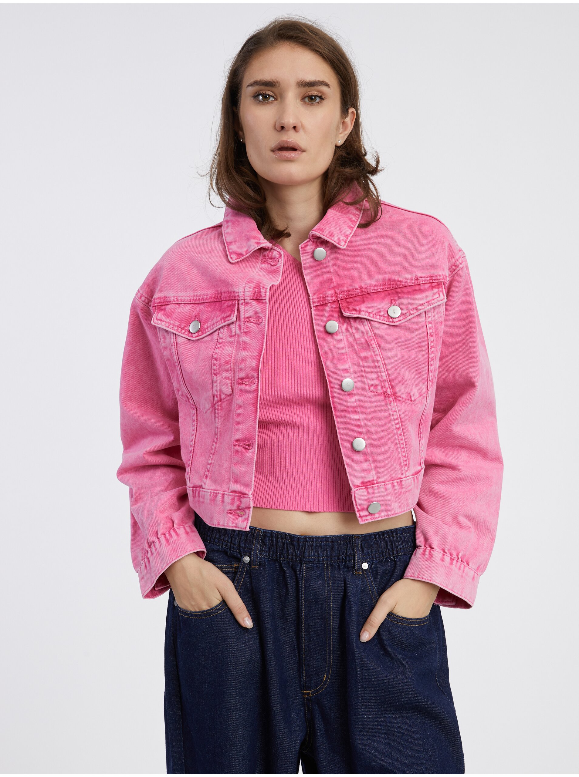 E-shop Tmavě růžová dámská crop top džínová bunda Pieces Liv
