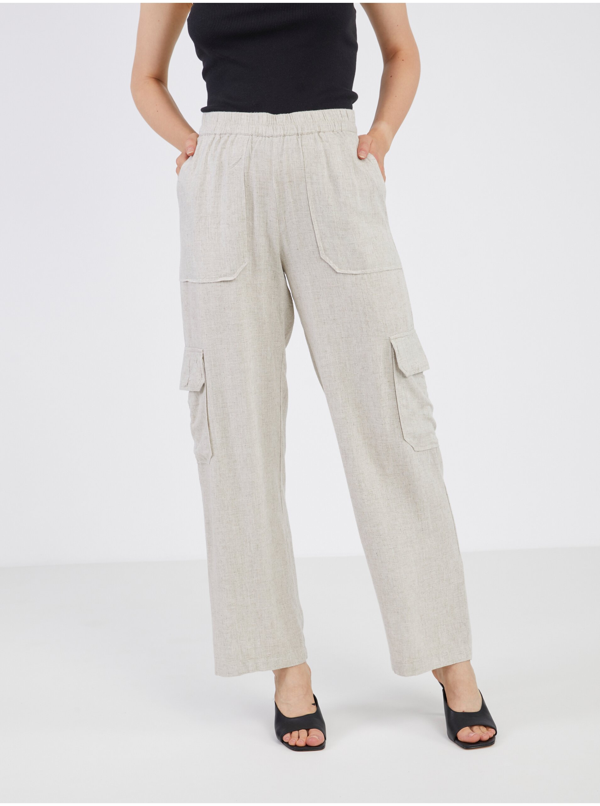 E-shop Krémové dámské kalhoty s příměsí lnu Noisy May Leilani