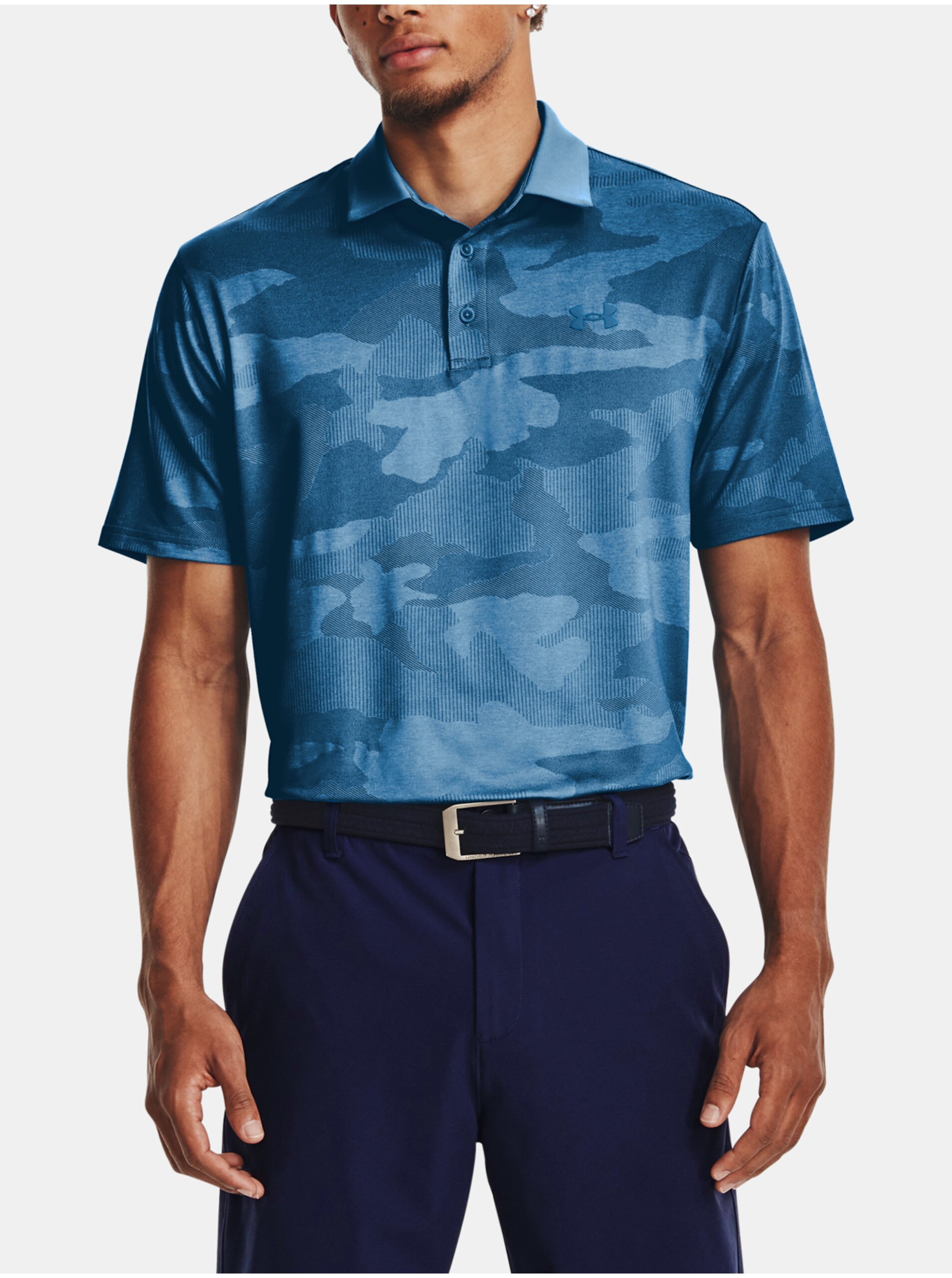 Lacno Modré pánske vzorované športové tričko Under Armour Playoff