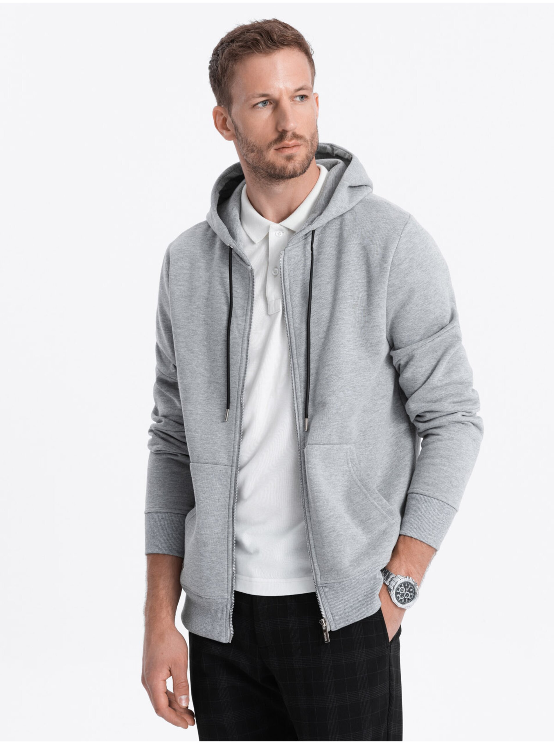 E-shop Světle šedá pánská mikina s kapucí Ombre Clothing