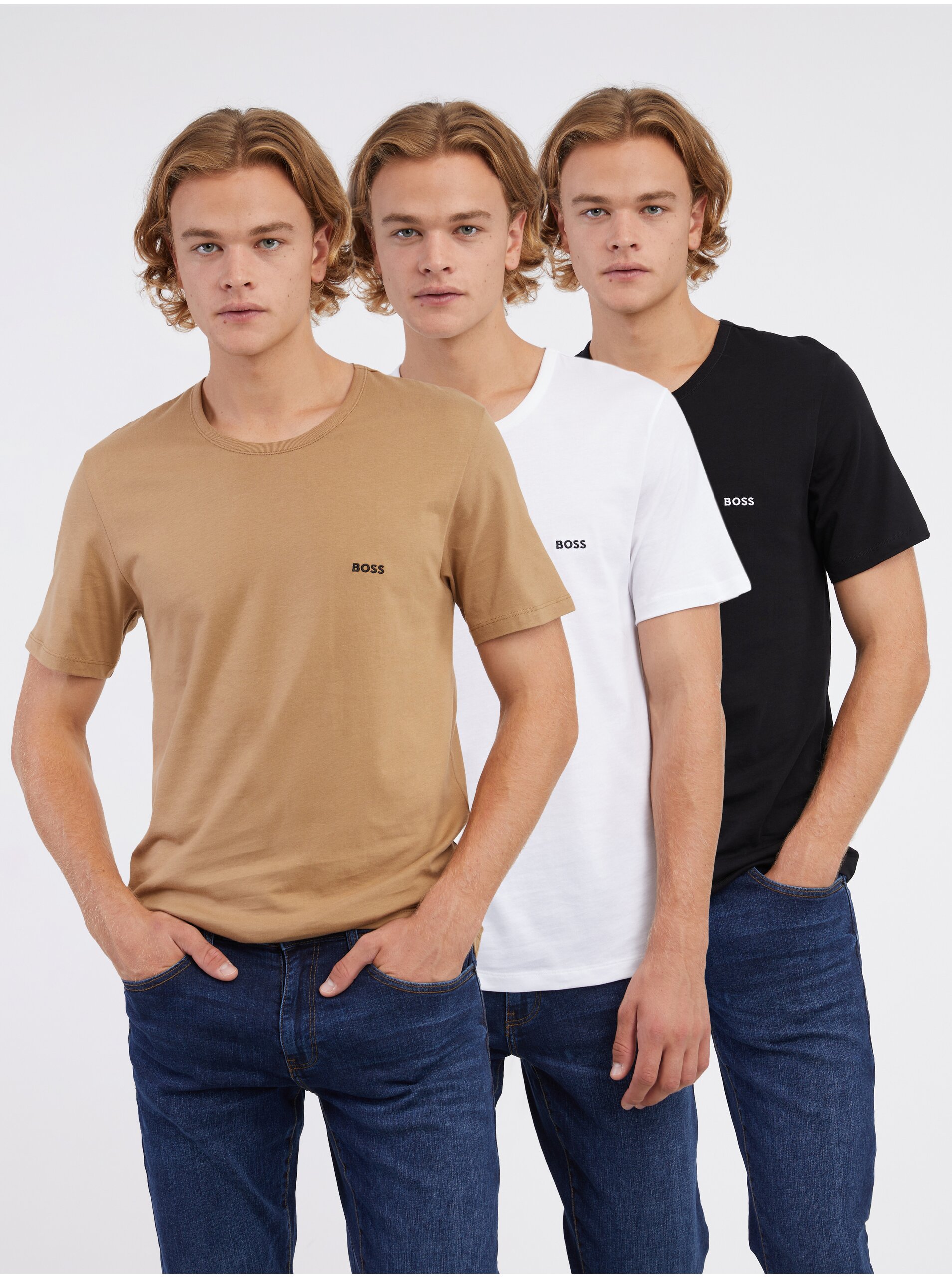 Levně Sada tří pánských triček v béžové, bílé a černé barvě BOSS