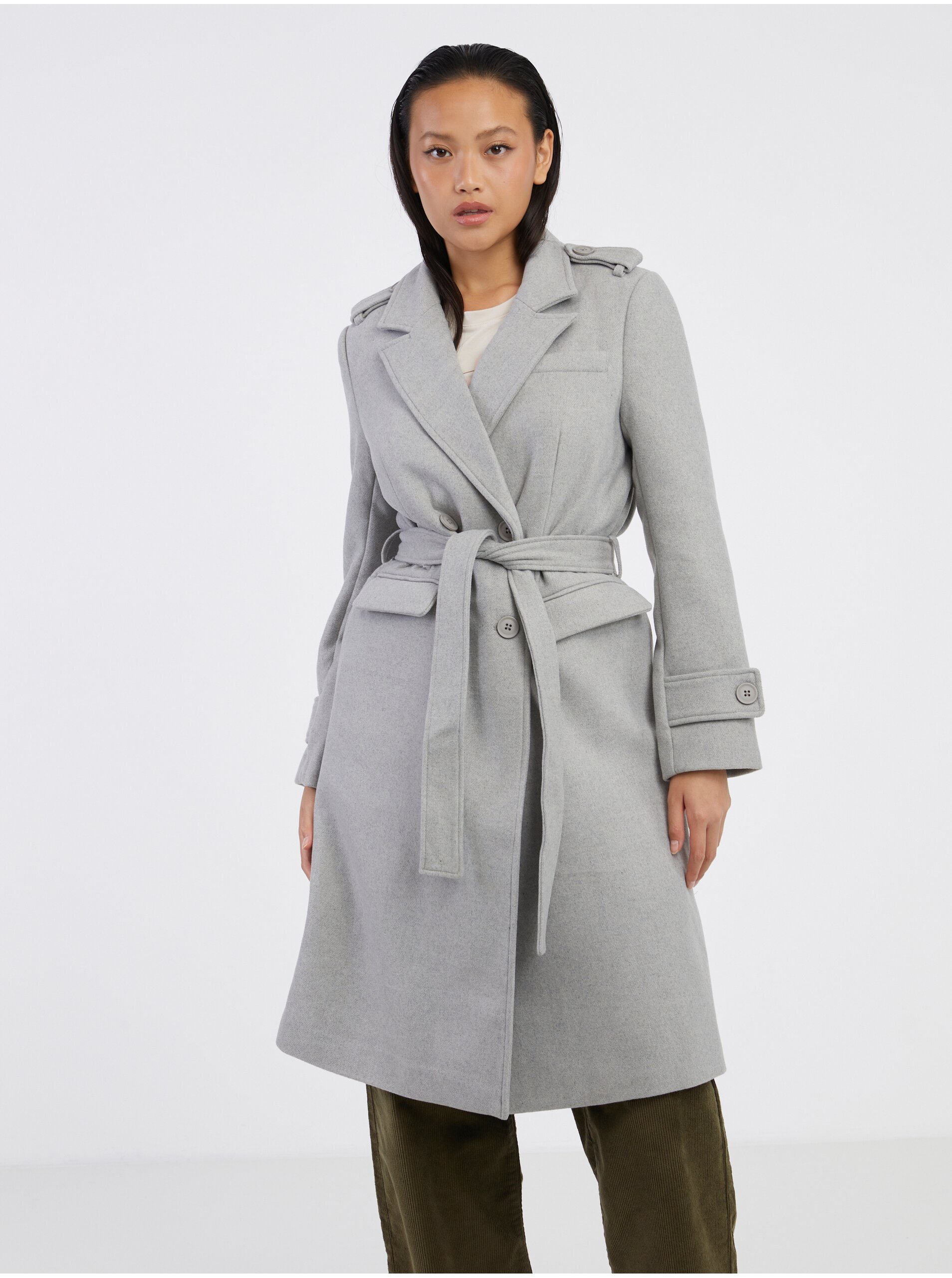 E-shop Světle šedý dámský žíhaný kabát s příměsí vlny Noisy May Leony