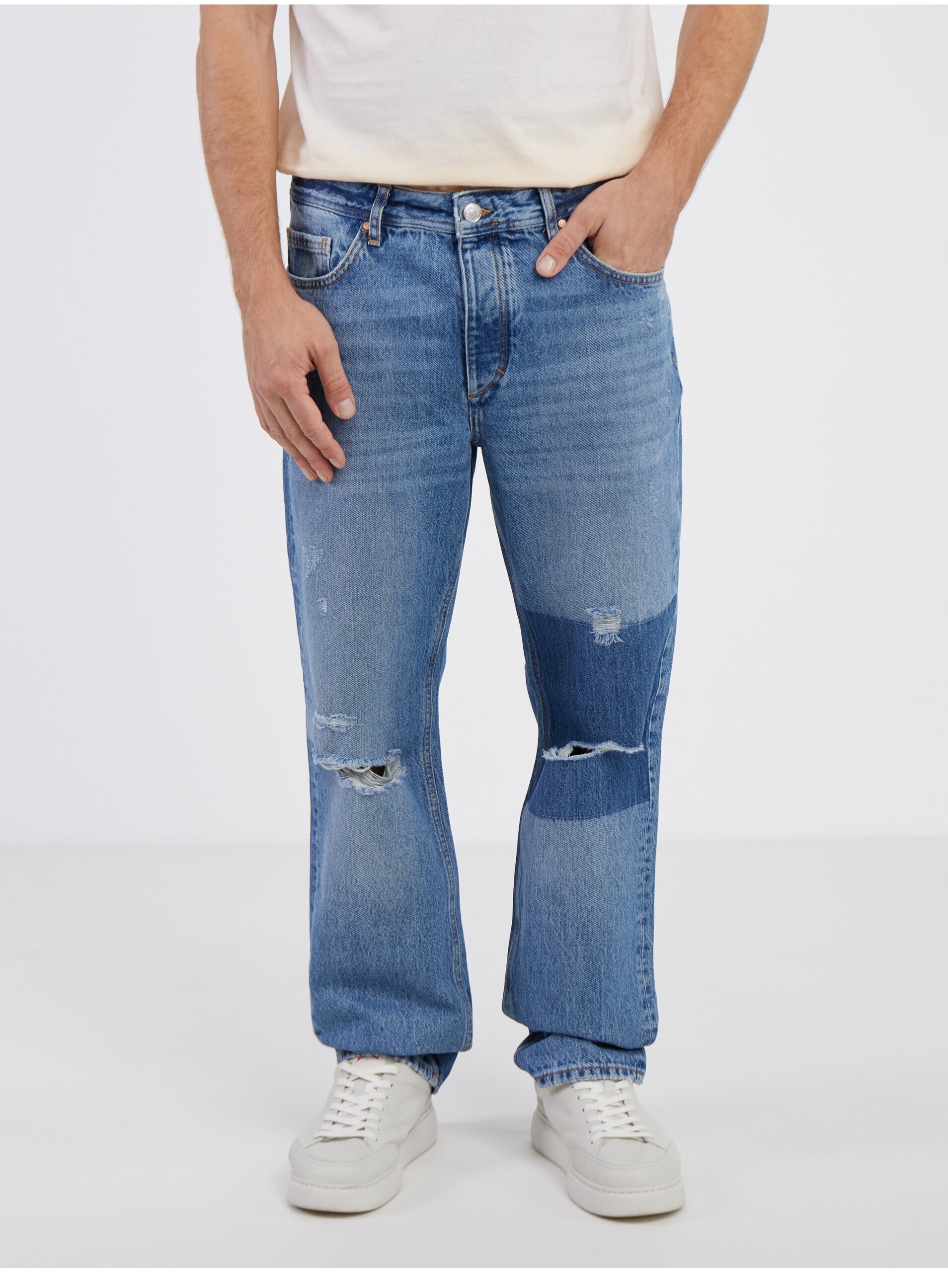 E-shop Modré straight fit džíny s potrhaným efektem ONLY & SONS