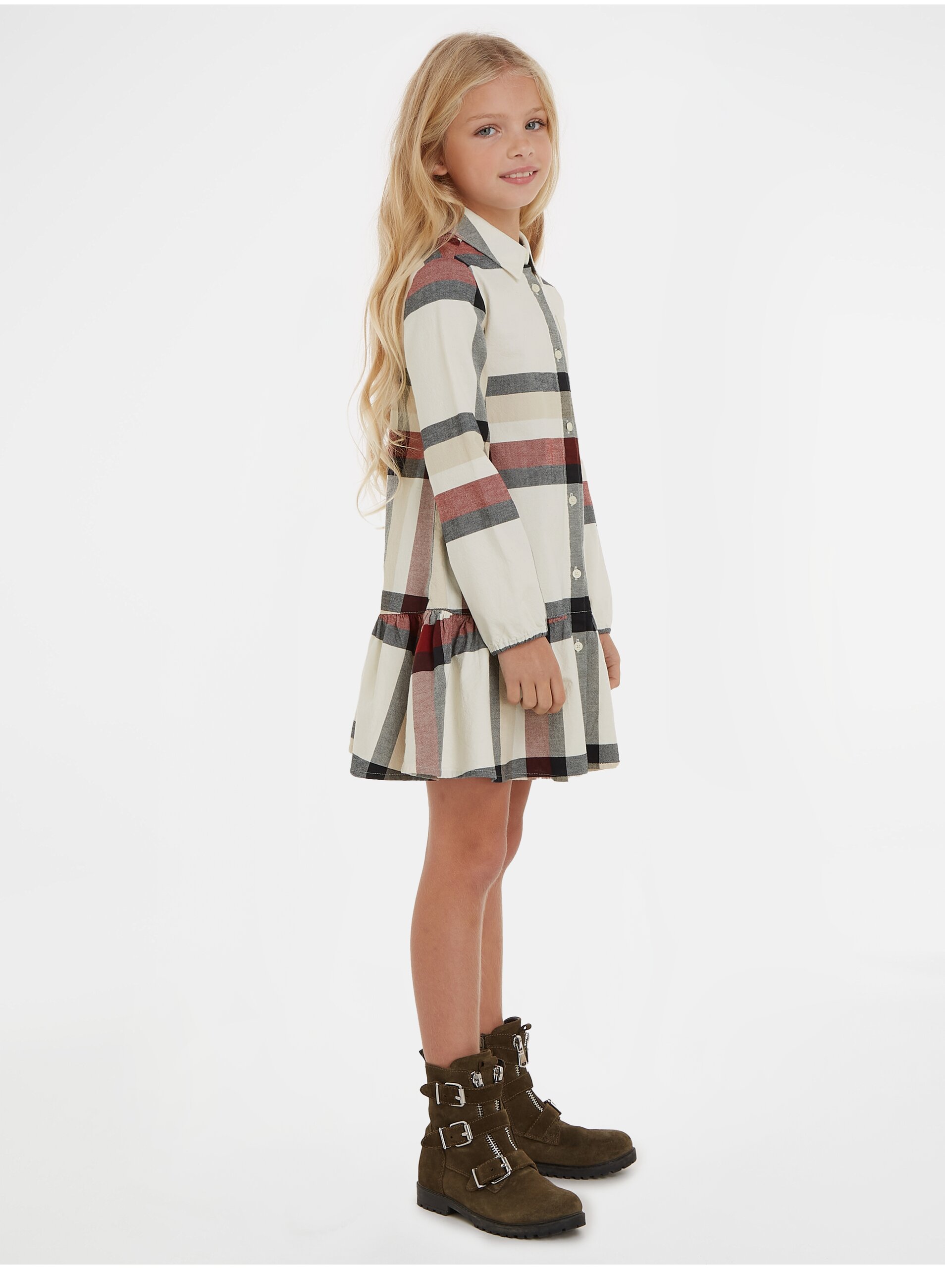 Lacno Krémové dievčenské kockované košeľové šaty Tommy Hilfiger