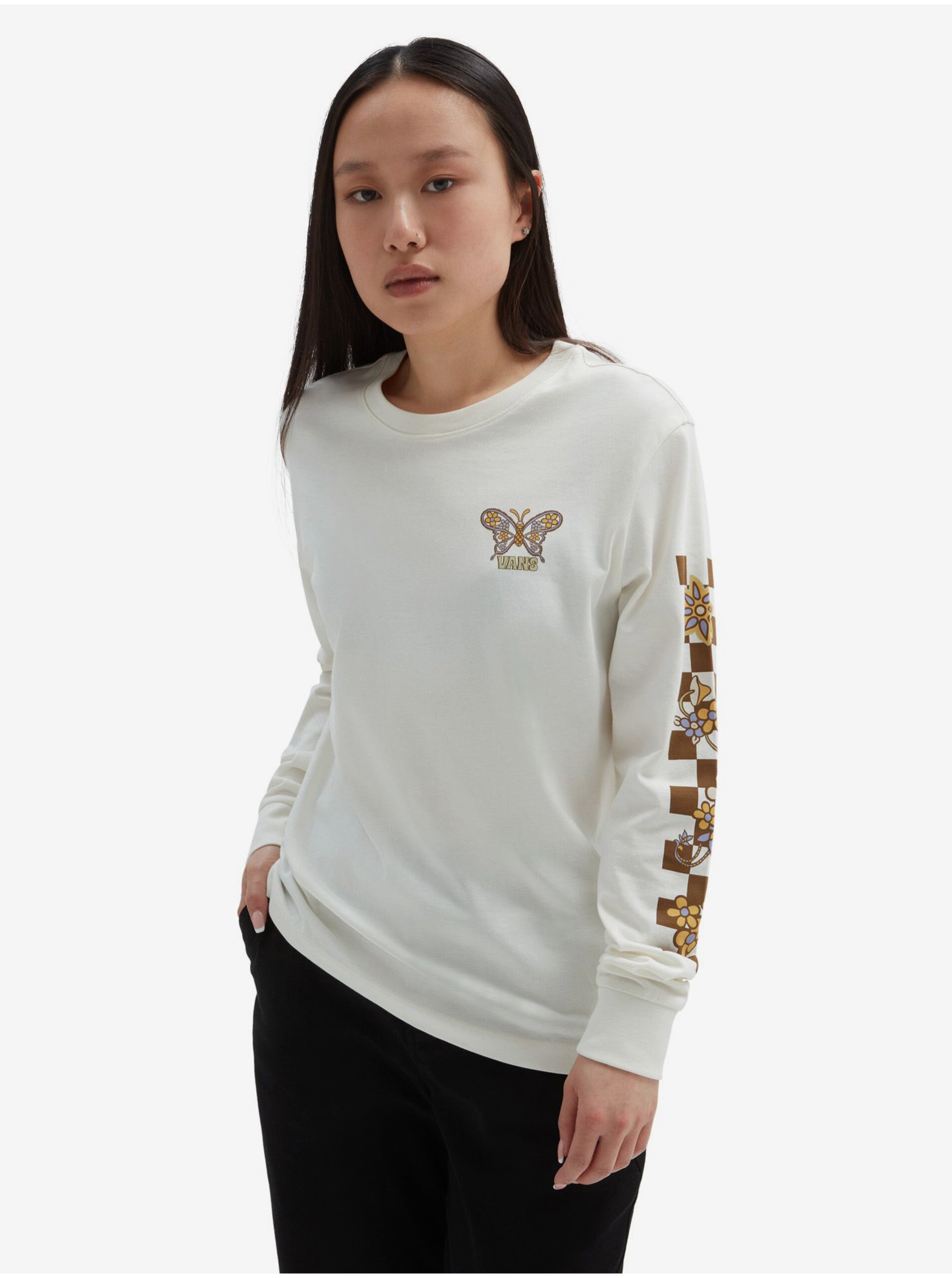Levně Krémové dámské tričko s dlouhým rukávem VANS Trippy Floral