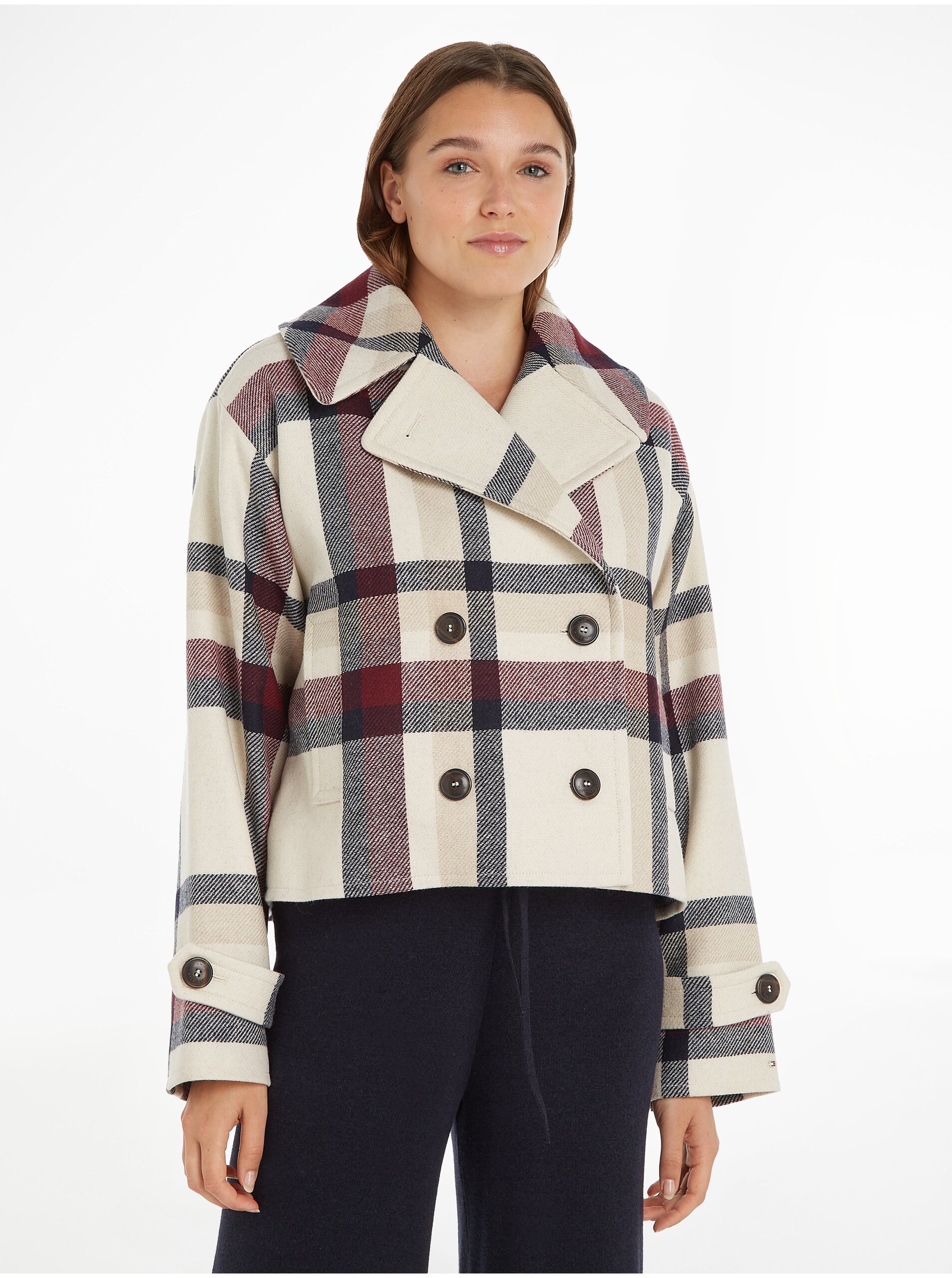 E-shop Béžový dámský krátký kabát s příměsí vlny Tommy Hilfiger