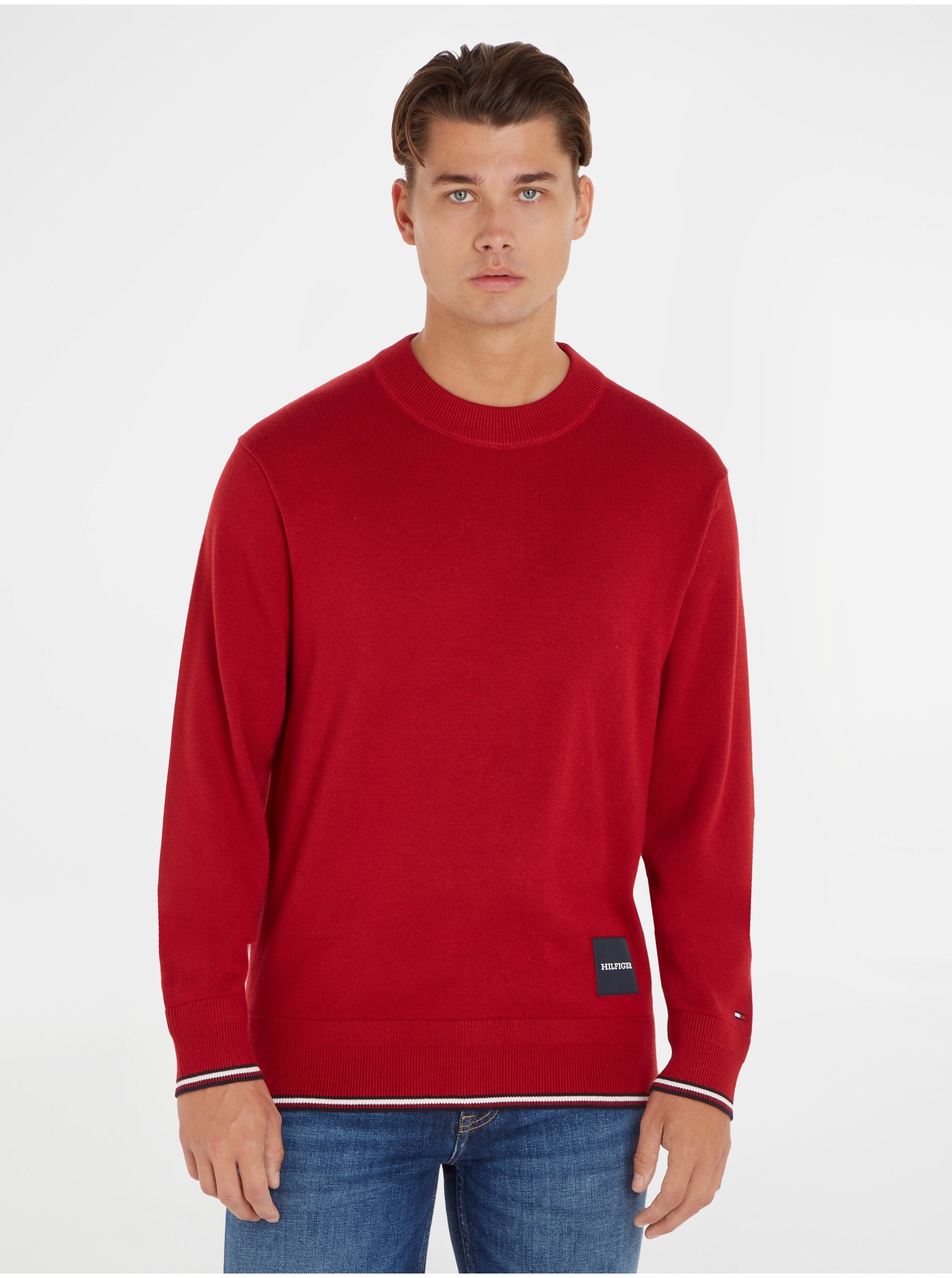 Levně Červený pánský svetr s příměsí hedvábí Tommy Hilfiger