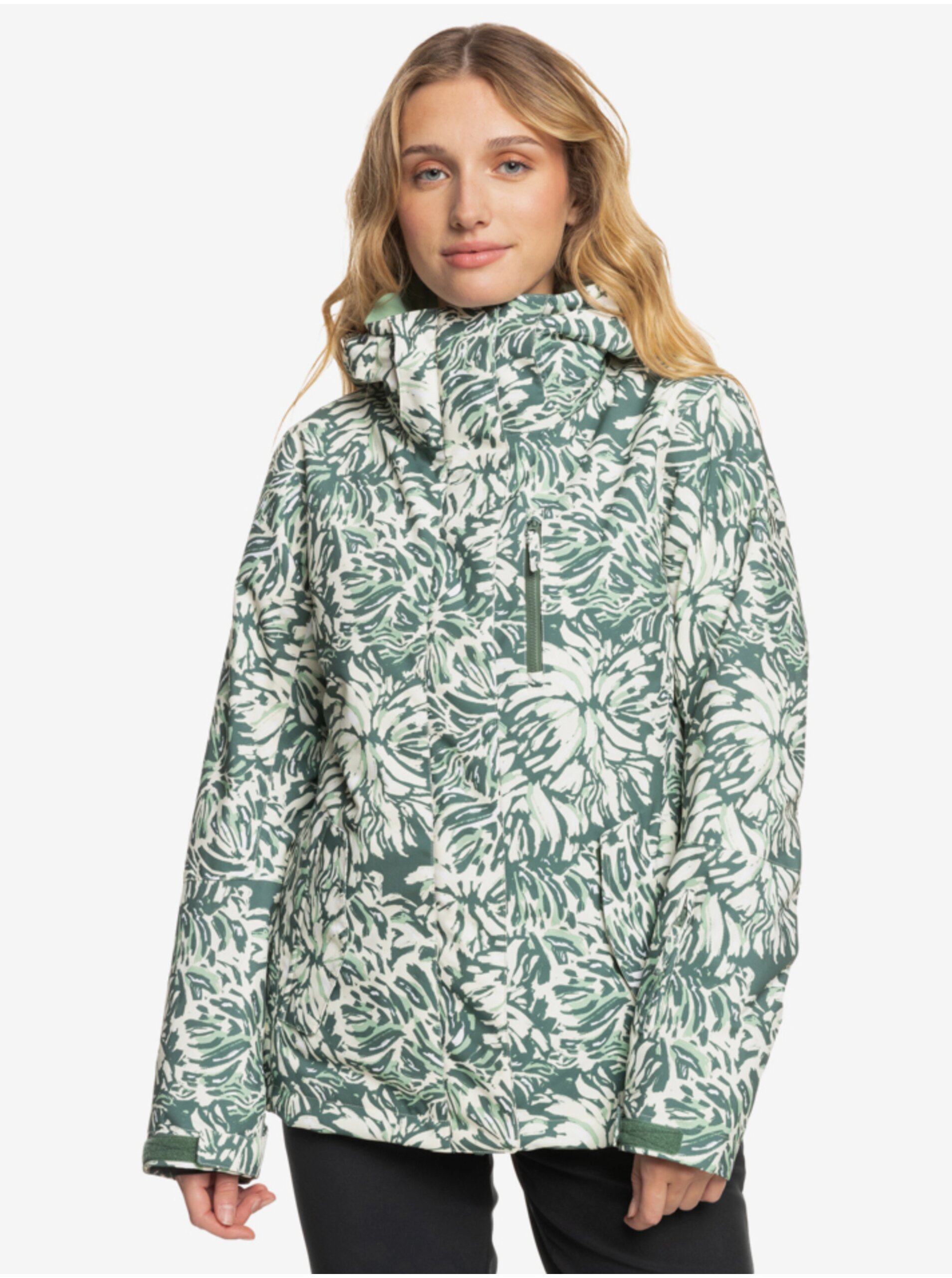 Lacno Zeleno-krémová dámska zimná vzorovaná bunda Roxy Jetty