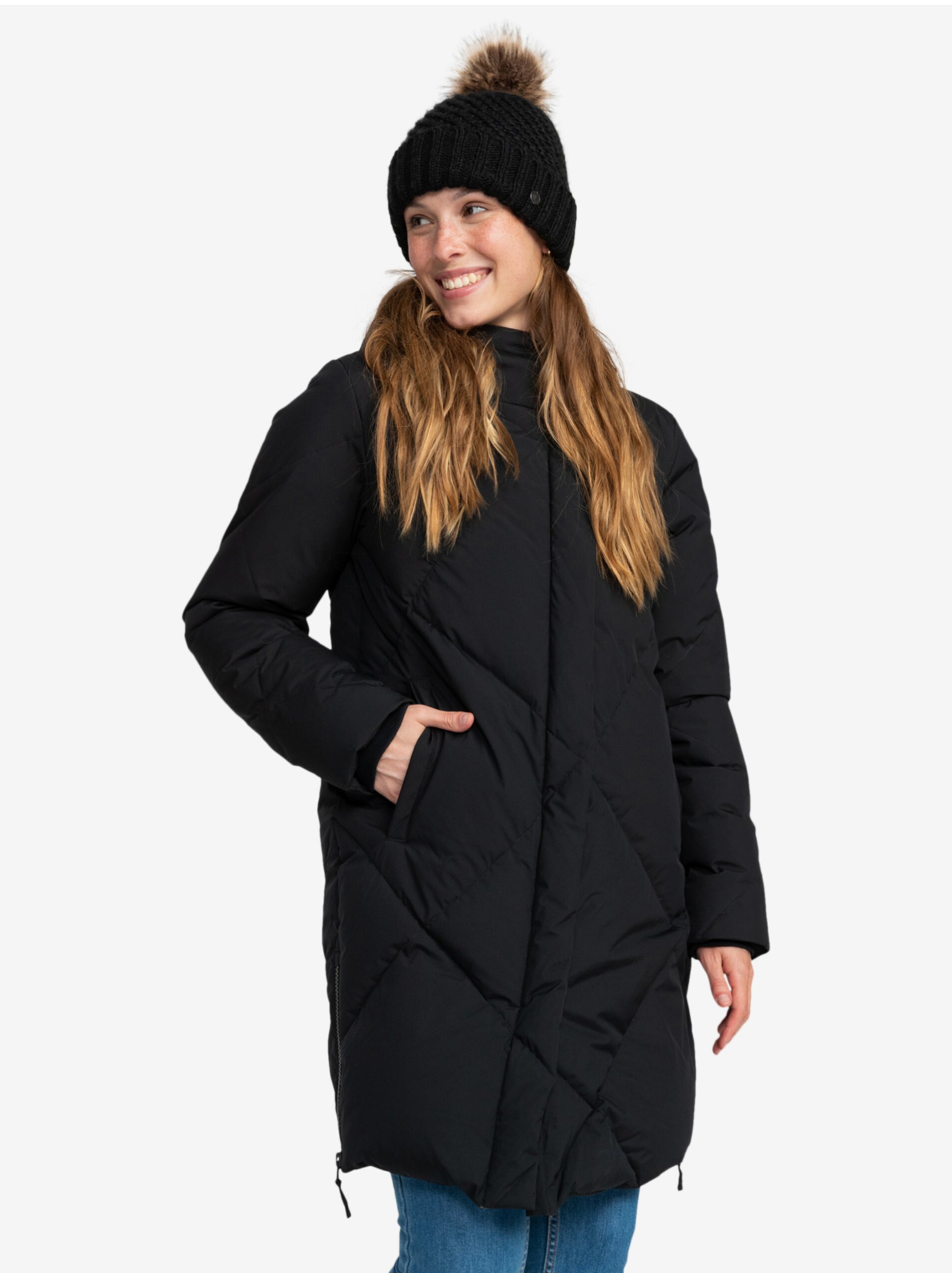 Levně Černý dámský zimní péřový prošívaný kabát Roxy Abbie