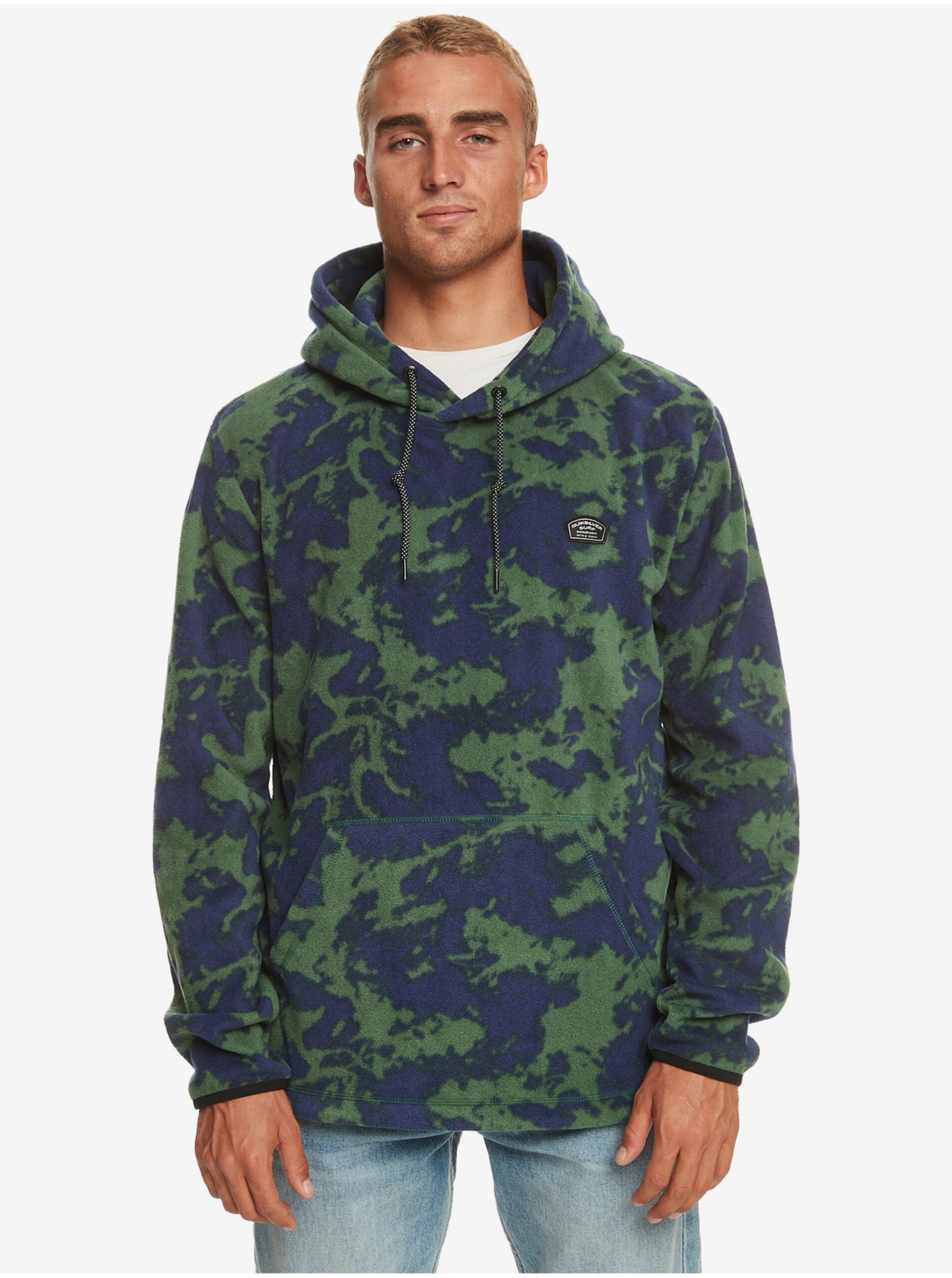 Levně Zeleno-modrá pánská vzorovaná mikina s kapucí Quiksilver Essentials