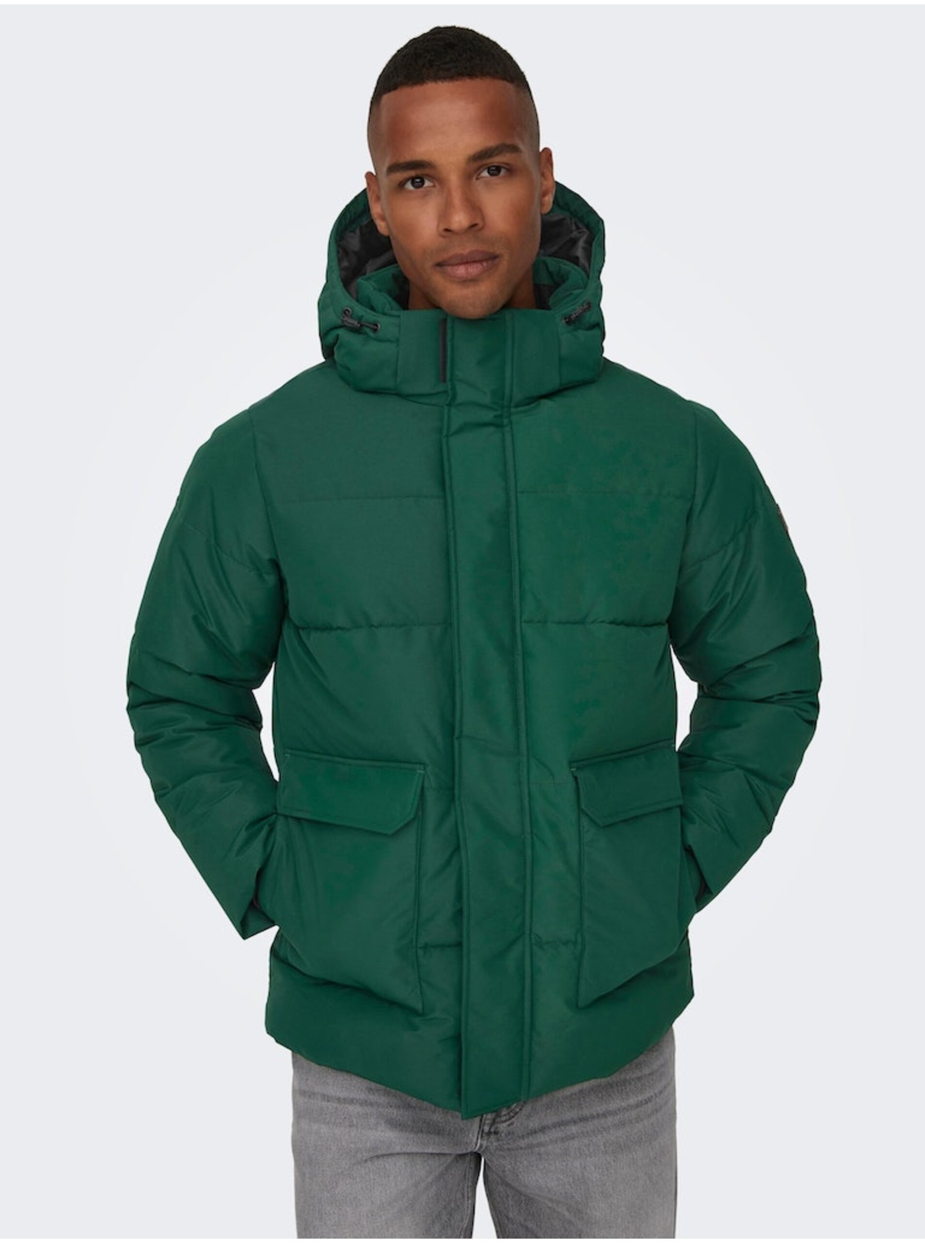 E-shop Tmavě zelená pánská prošívaná zimní bunda ONLY & SONS Carl