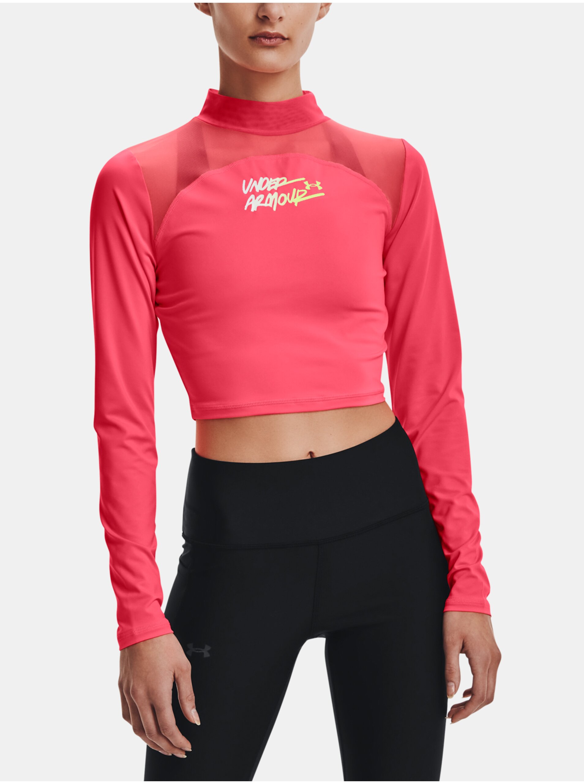 Levně Tmavě růžové sportovní crop top tričko Under Armour HG Q3 Crop Mockneck