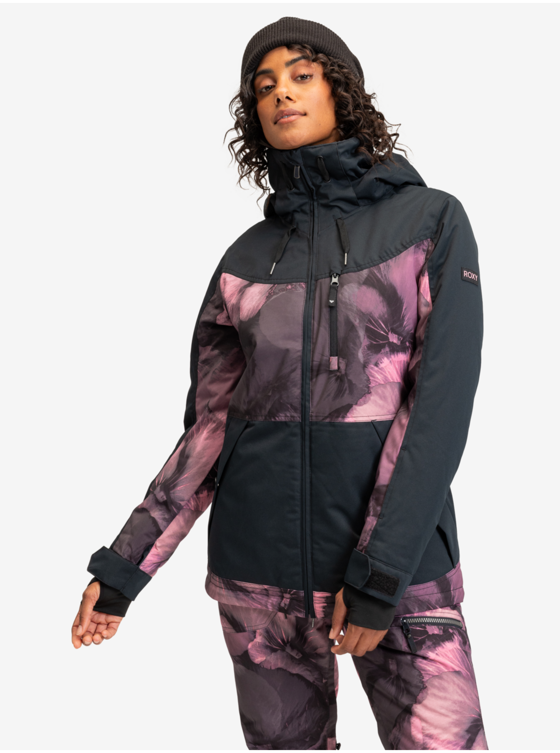 Levně Černo-růžová dámská lyžařská květovaná bunda Roxy Presence Parka