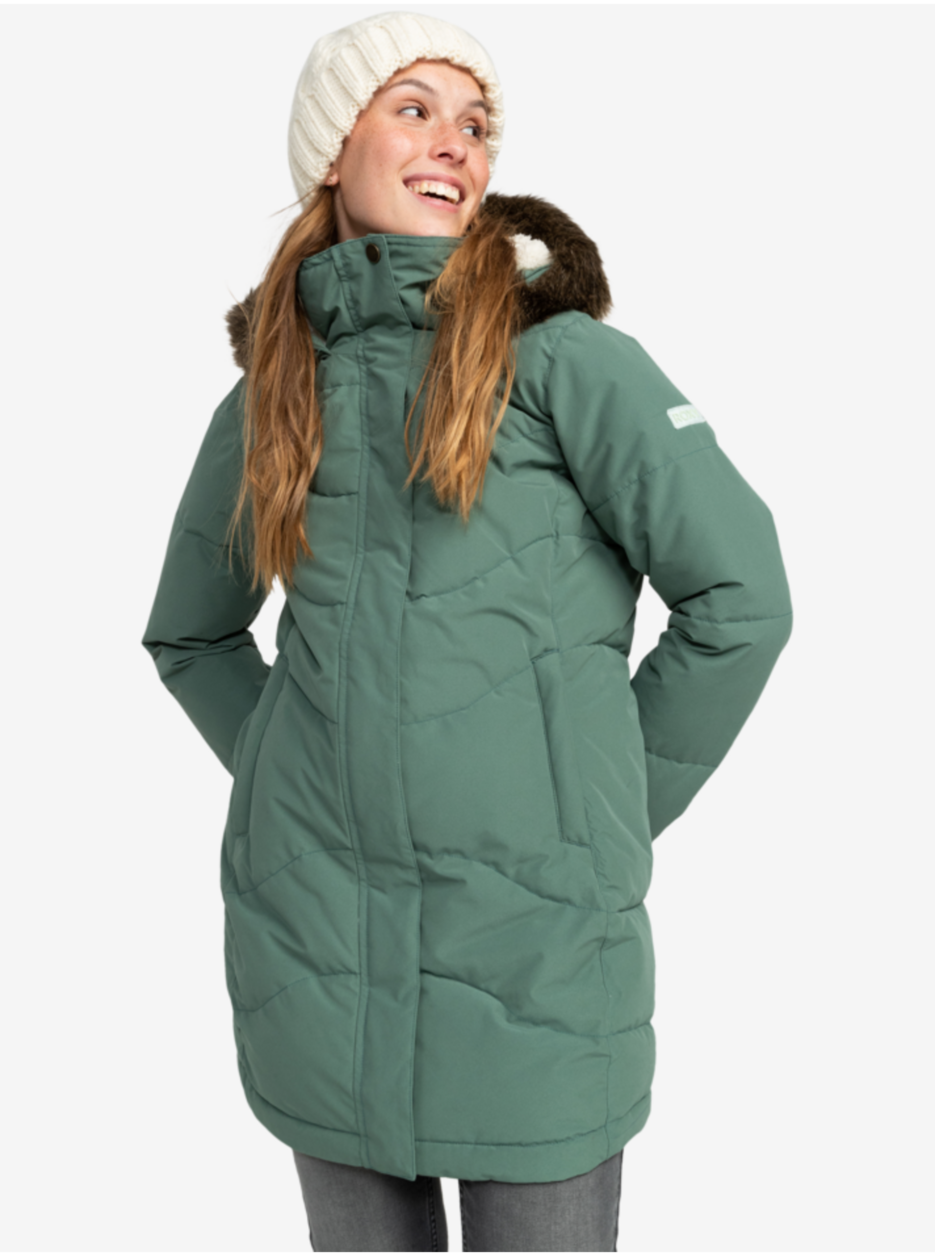 Levně Světle zelený dámský zimní prošívaný kabát Roxy Ellie