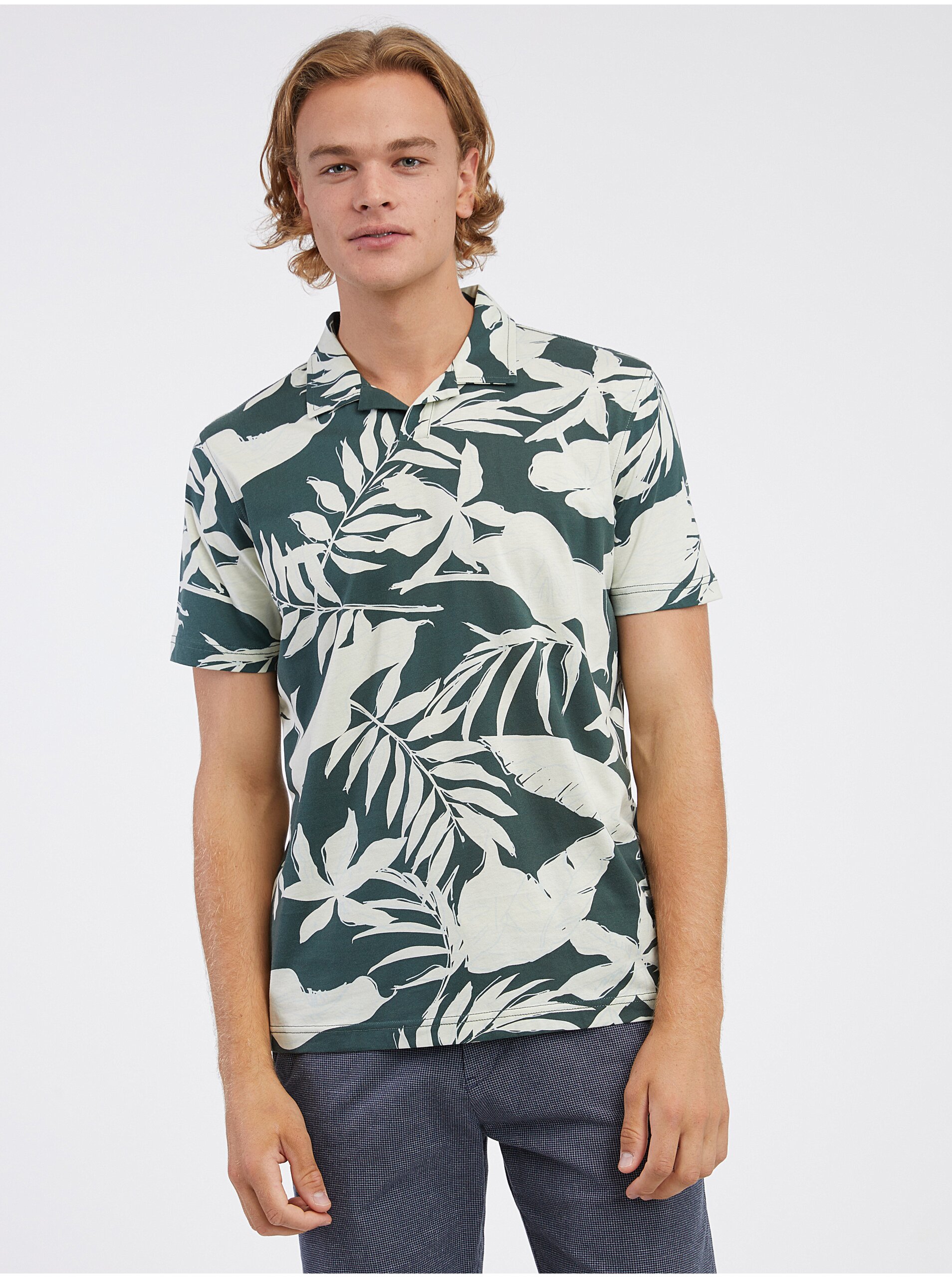 E-shop Krémovo-zelené pánske kvetované polo tričko LERROS