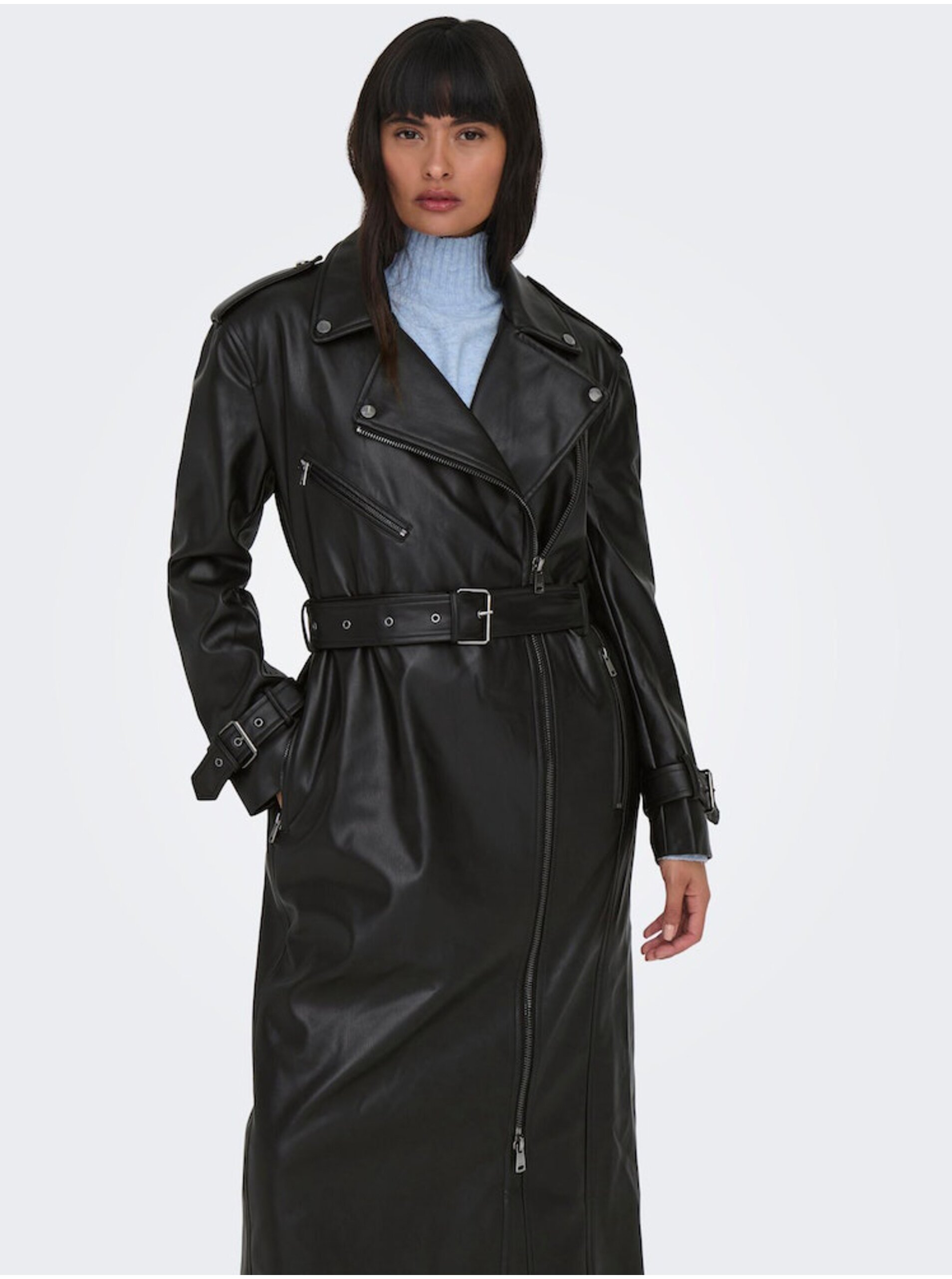 E-shop Černý dámský koženkový kabát ONLY Freja