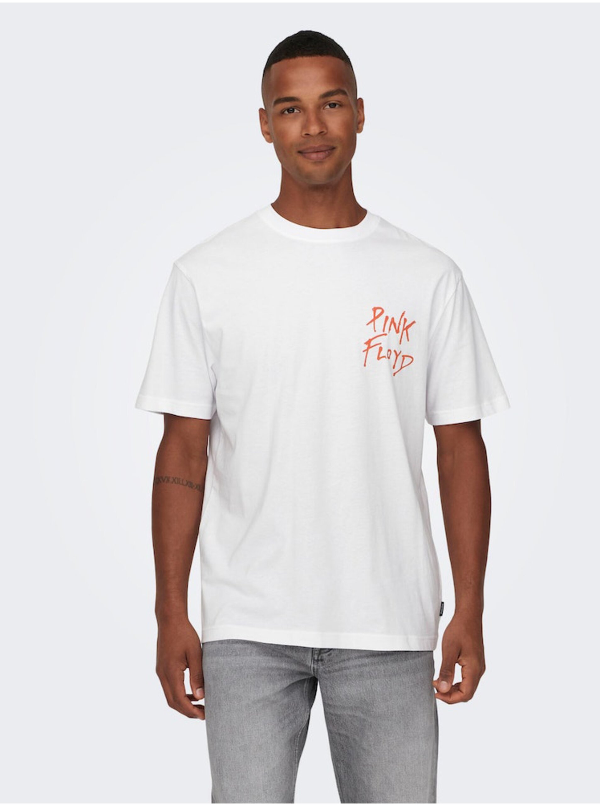 Lacno Biele pánske tričko s krátkym rukávom ONLY & SONS Pink Floyd