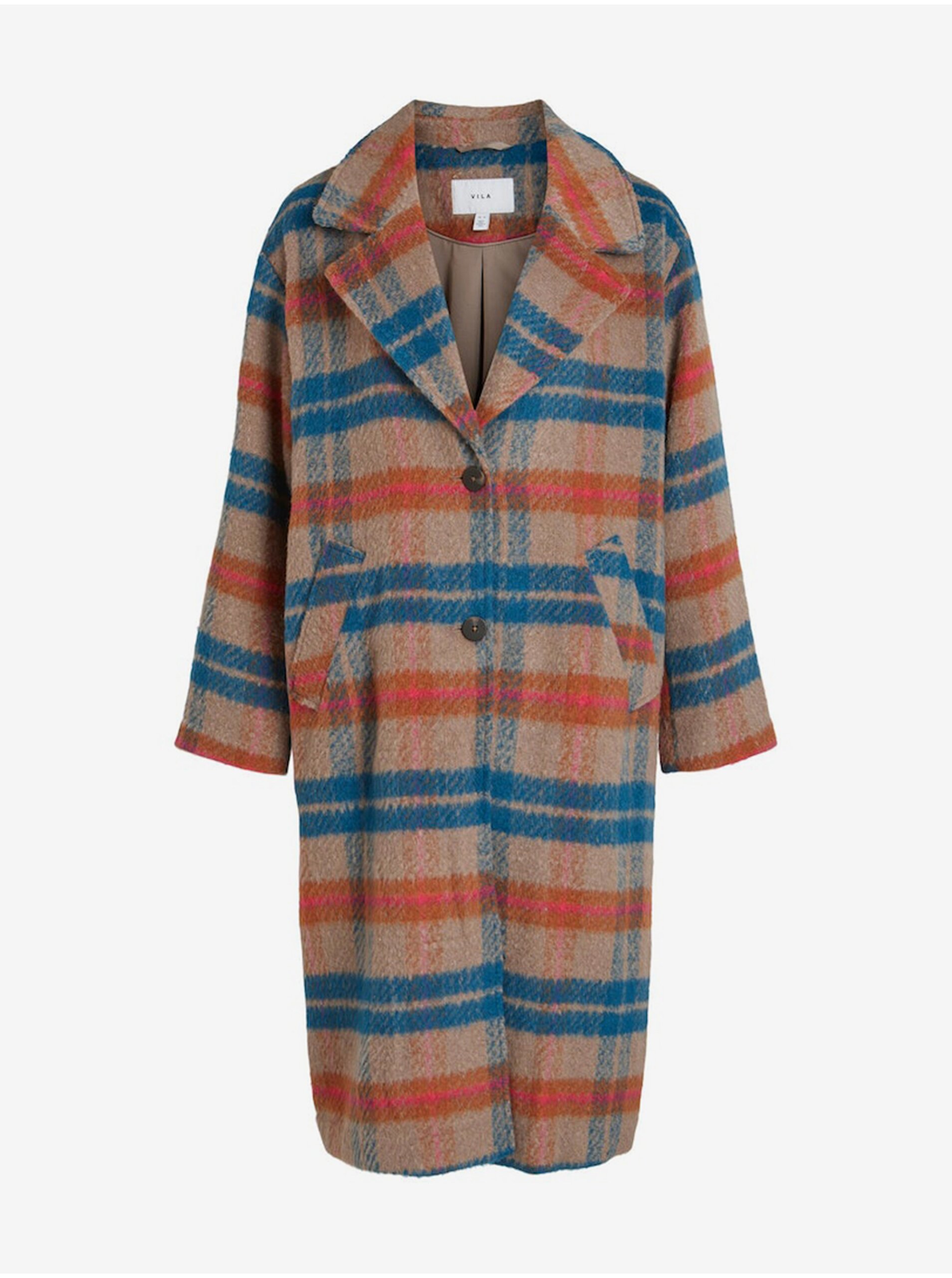 E-shop Hnědo-modrý dámský kostkovaný kabát VILA Vimonta