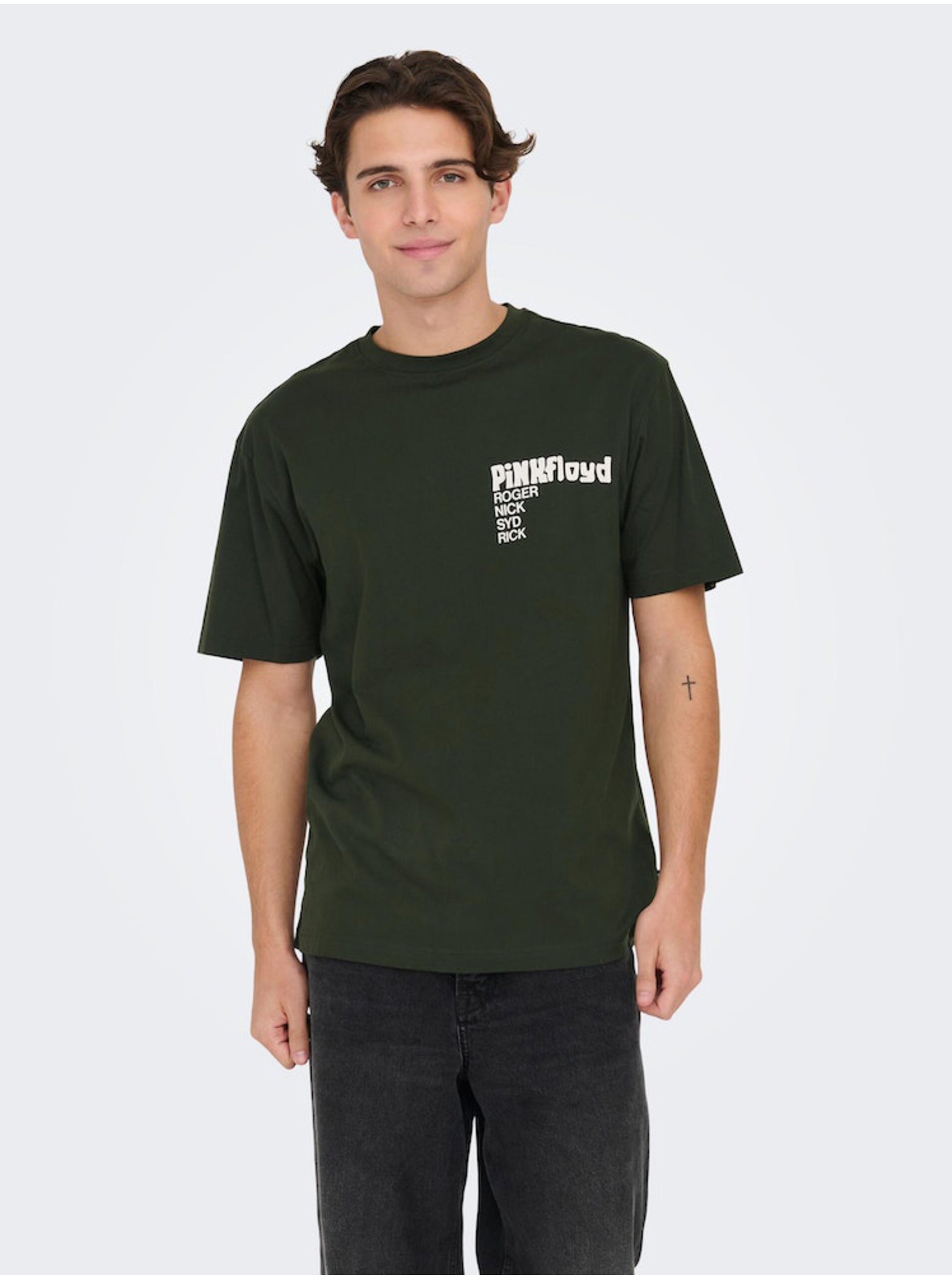 Levně Tmavě zelené pánské tričko s krátkým rukávem ONLY & SONS Pink Floyd